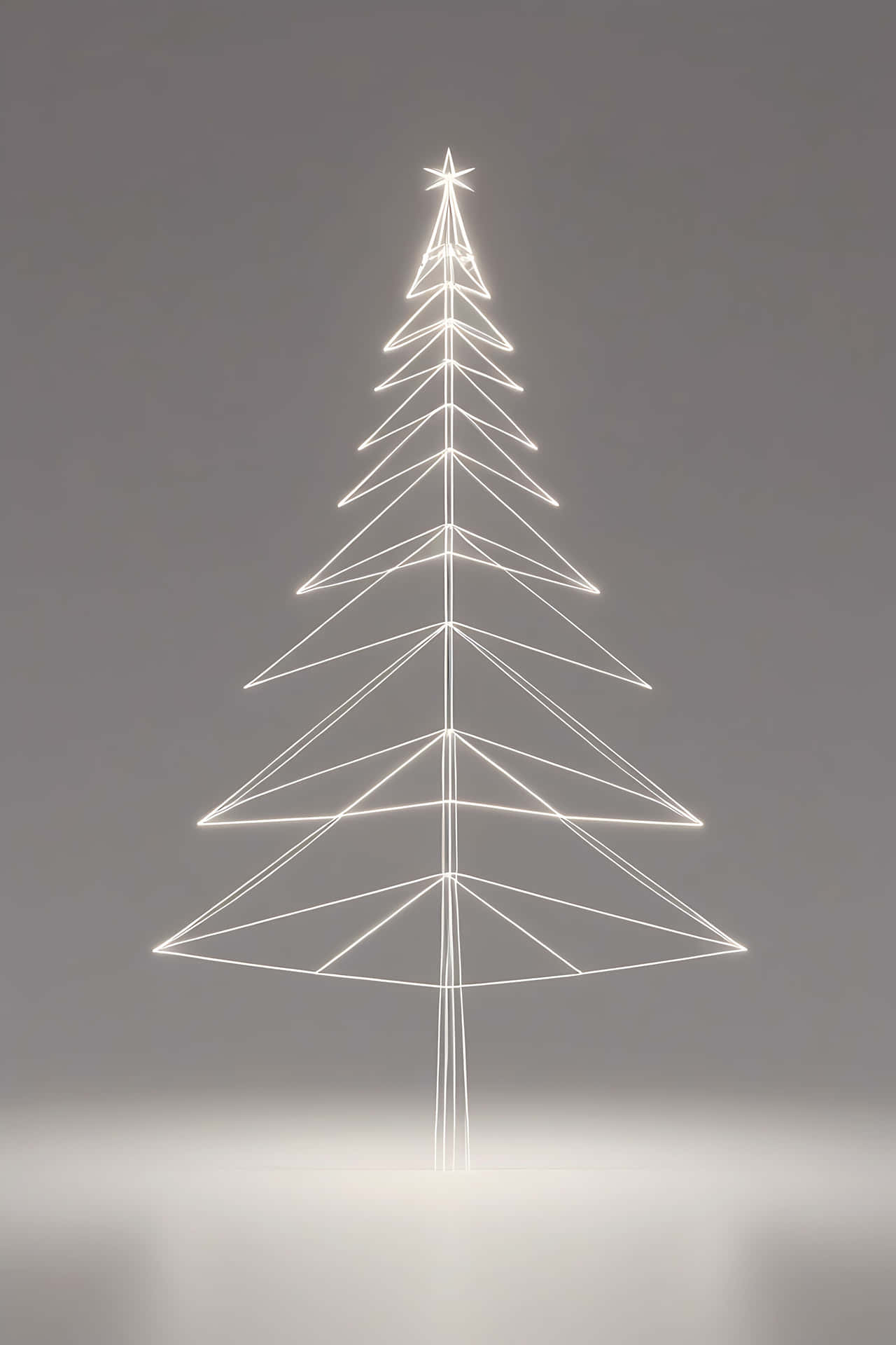 Minimalist christmas tree 壁紙 — 一個極簡幾何聖誕樹，由發光的白色霓虹線條構成，背景為柔和灰色。