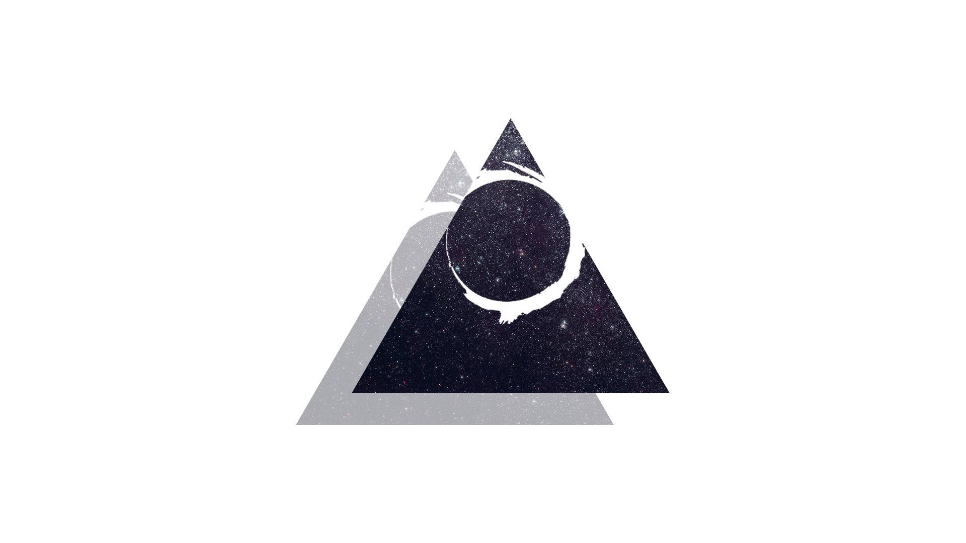 pyramid 桌布 壁紙 — 一個極簡幾何設計，在純白背景上，重疊的三角形內嵌有一個星際宇宙圓圈。