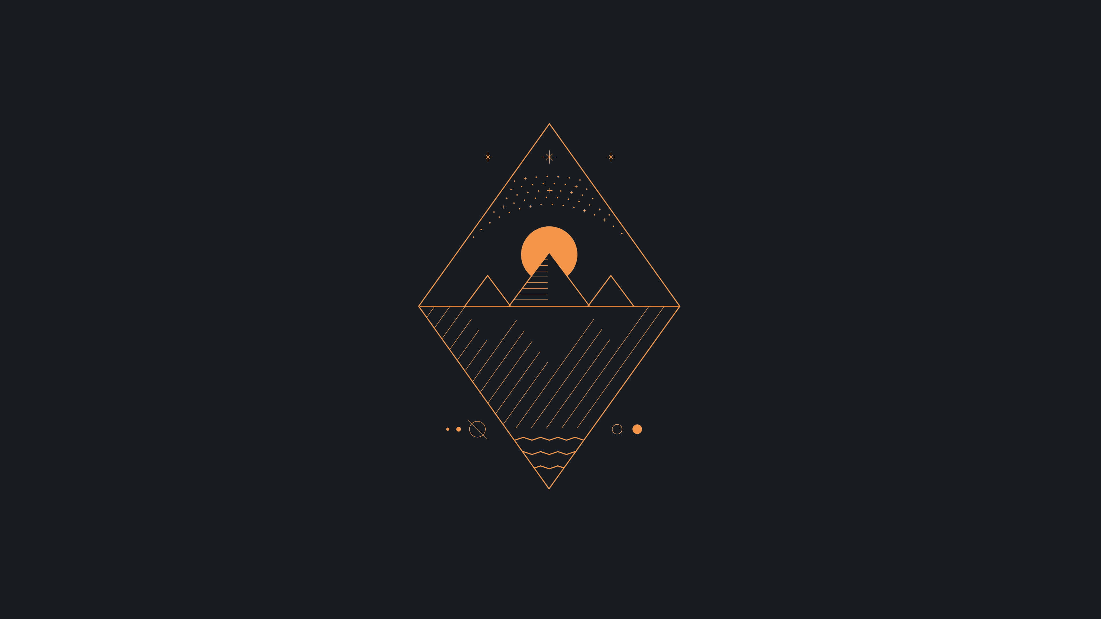 Minimalist HD Geometric Desktop 桌布 壁紙 — 一個極簡幾何鑽石框架包含風格化的山脈、太陽和水，背景為深色。