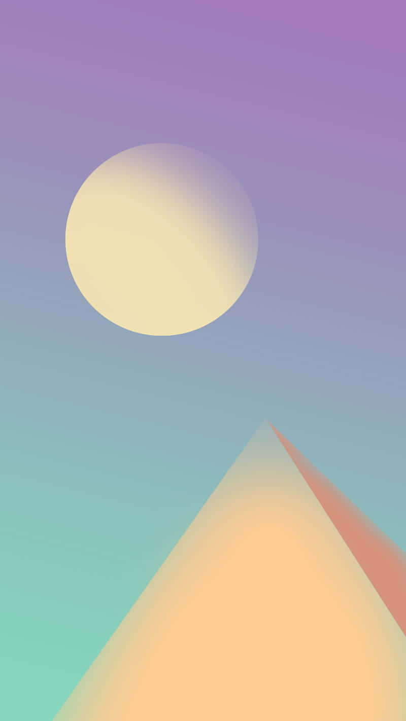 漸層 桌布 壁紙 — 一個極簡抽象場景，帶有柔和漸變的天空和一個巨大的淡色太陽位於幾何山峰之上。