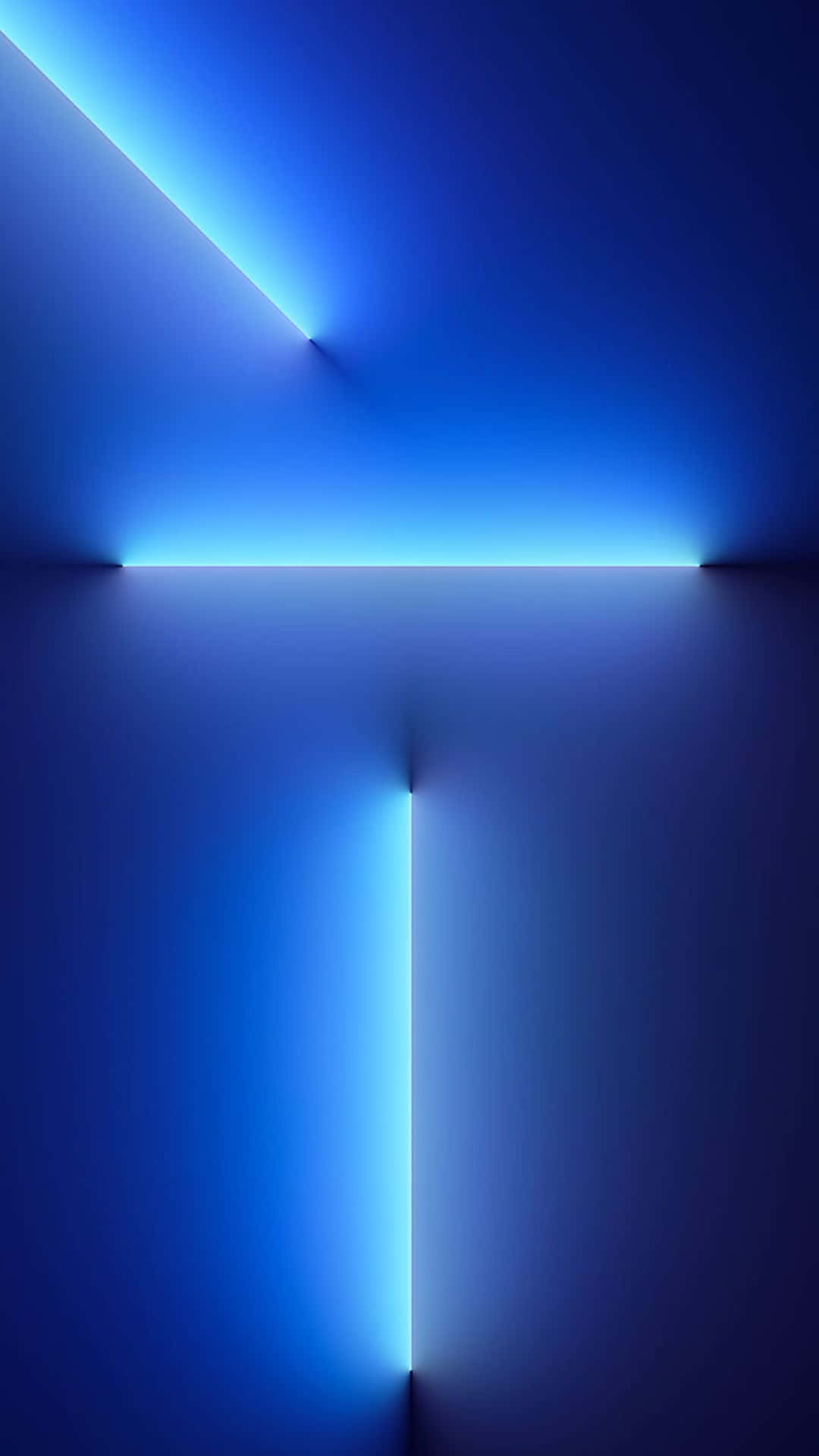 iPhone 桌布 壁紙 — 一個極簡抽象場景，發光的藍色霓虹線條在黑暗牆壁上形成十字形狀。