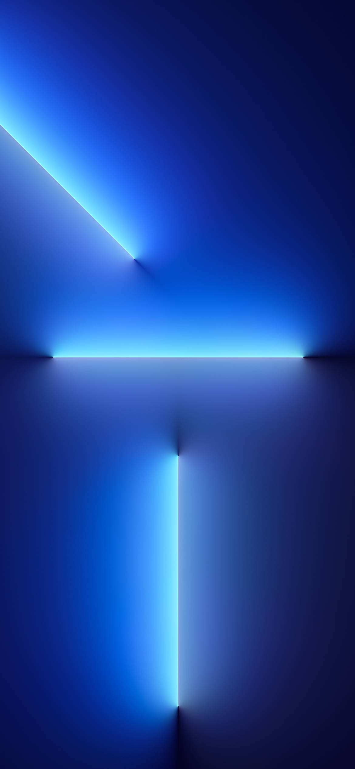 iPhone 13 Pro 桌布 壁紙 — 一個極簡抽象場景，發光藍色霓虹線條在暗牆上形成T形。