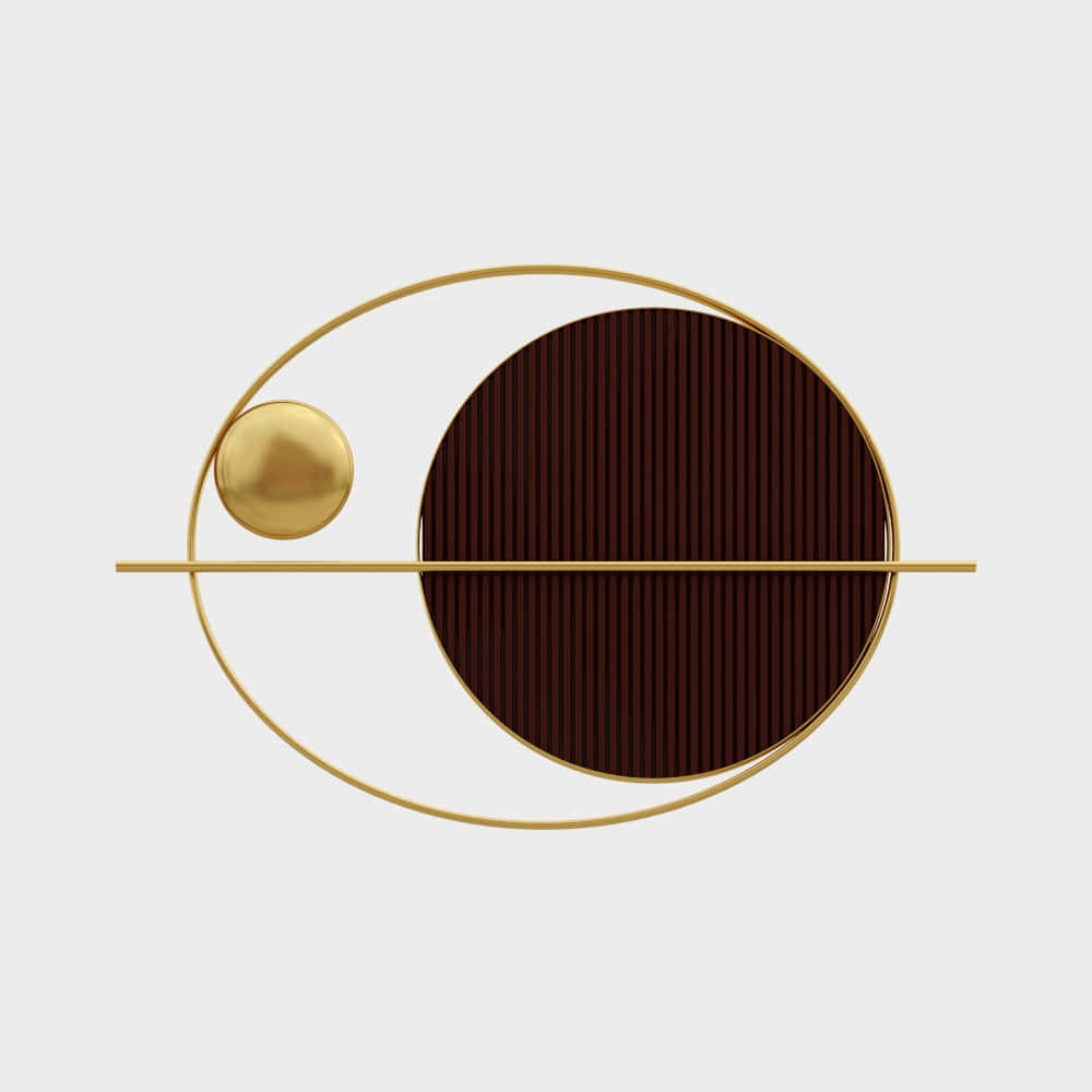 Brown Geometric 桌布 壁紙 — 一個極簡抽象構圖，包含一個帶有垂直條紋的大型深棕色圓形，被一條細金線和一個繞著較大金環運行的小金球體交錯。
