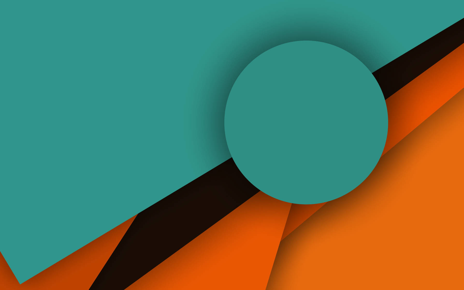 Android Material Design 桌布 壁紙 — 一個極簡抽象構圖，由青綠色、橙色和黑色幾何形狀組成，帶有柔和陰影。