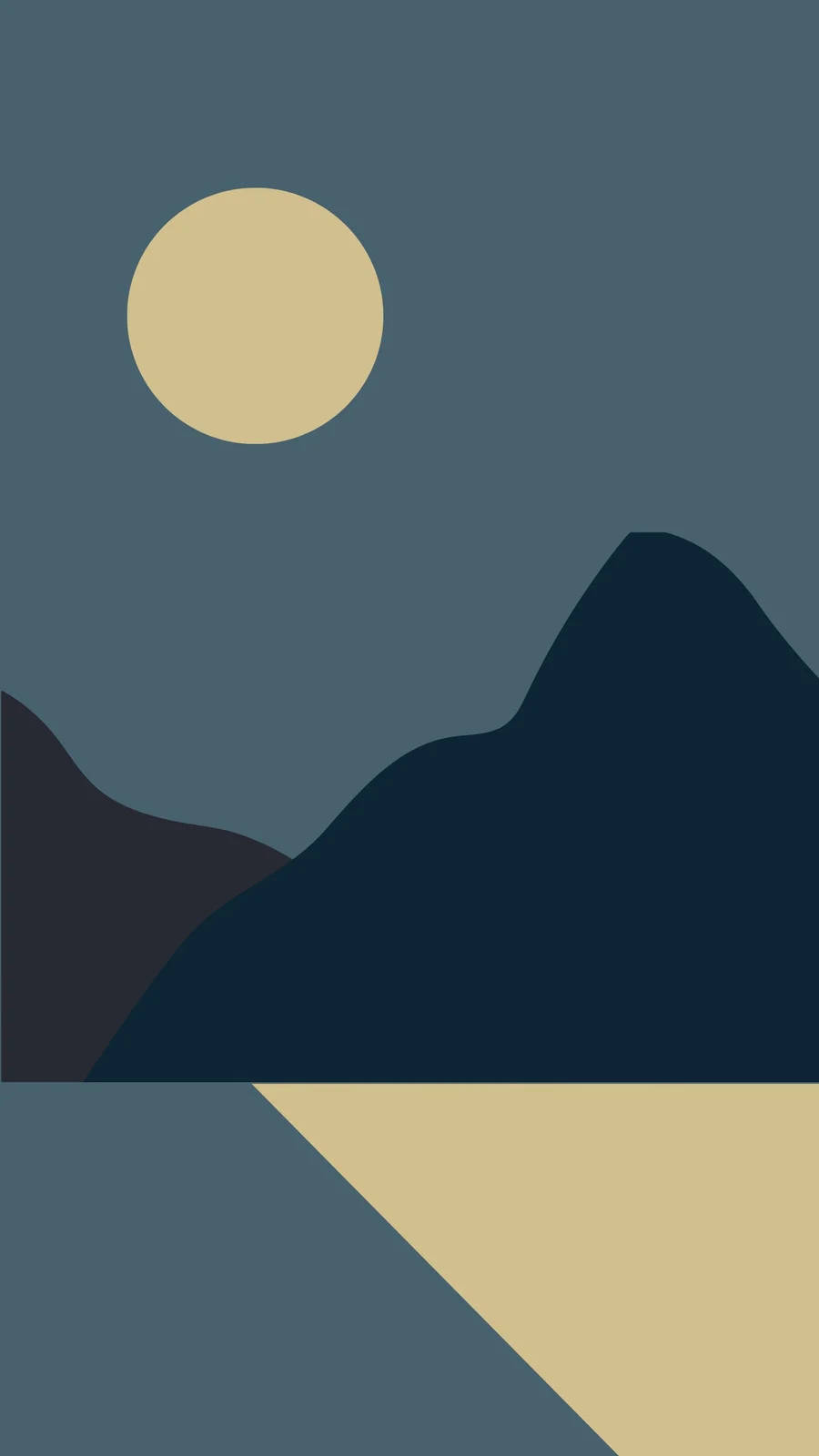 Screen 桌布 壁紙 — 一個極簡抽象風景，在淡黃色的月亮下，有風格化的山脈，背景是柔和的藍色天空。