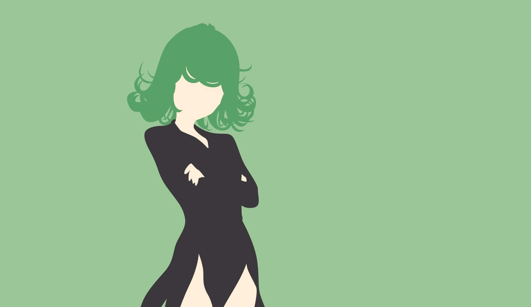 One Punch Man Minimalist 桌布 壁紙 — 一個極簡插圖，描繪一位擁有綠色捲髮、雙臂交叉的女性，背景為純綠色。