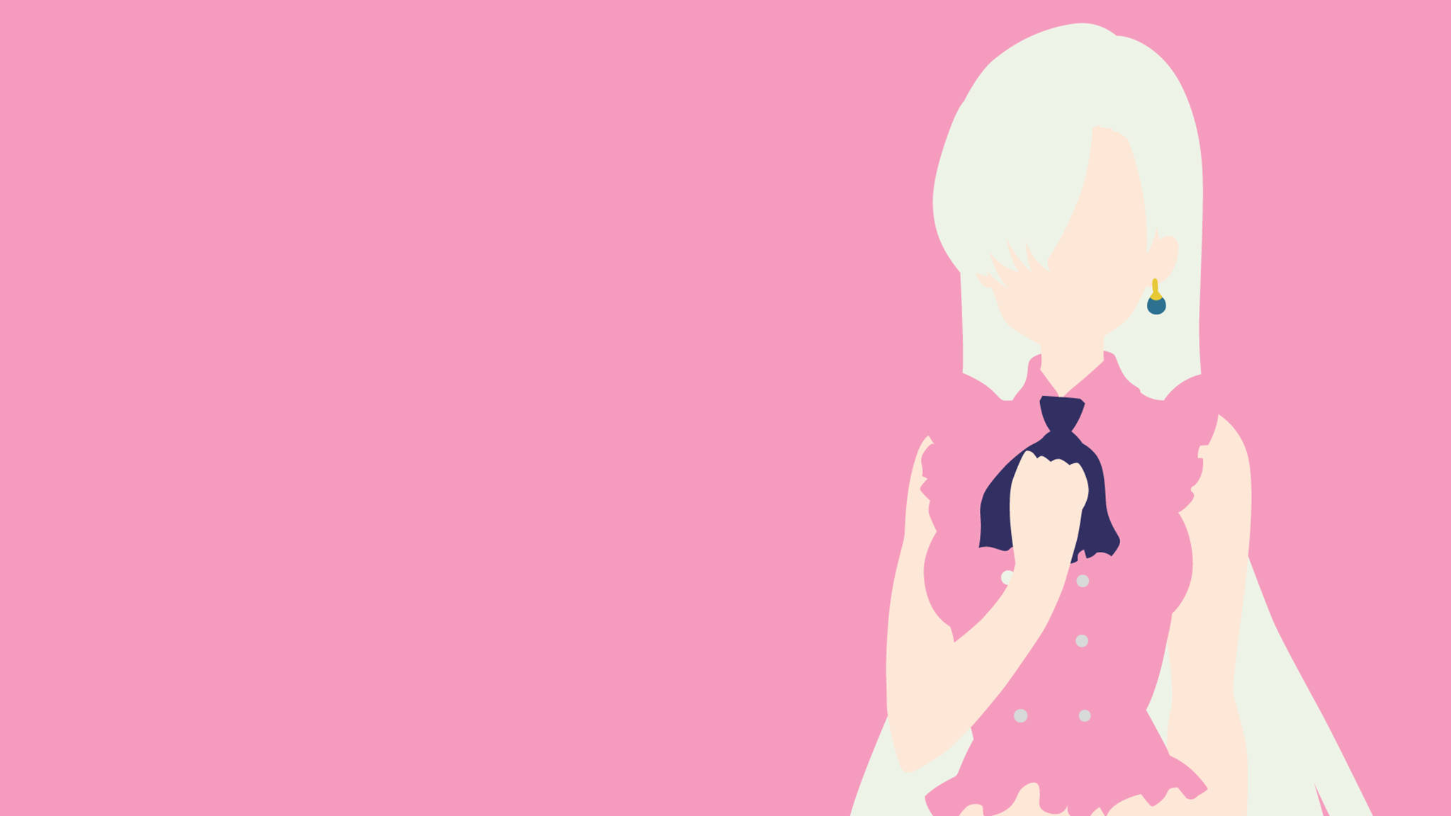 伊莉莎白·里昂絲 桌布 壁紙 — 一個極簡插圖，描繪一位淺色頭髮的女性在純粉色背景上調整她粉色連衣裙上的深色蝴蝶結。