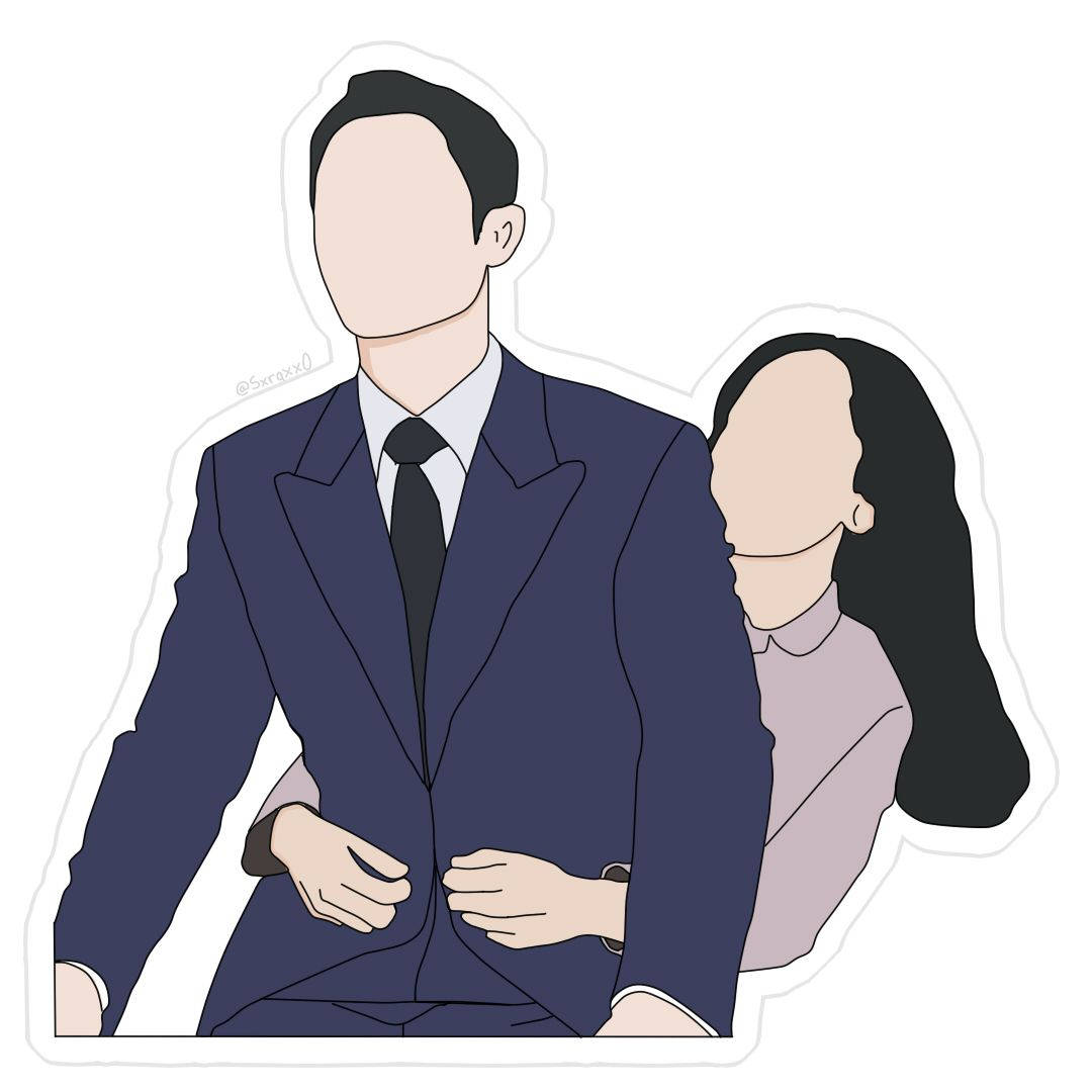 drama 桌布 壁紙 — 一個極簡插圖，描繪一位身穿海軍藍西裝的男人，被一位身穿薰衣草色襯衫的女人從背後擁抱。
