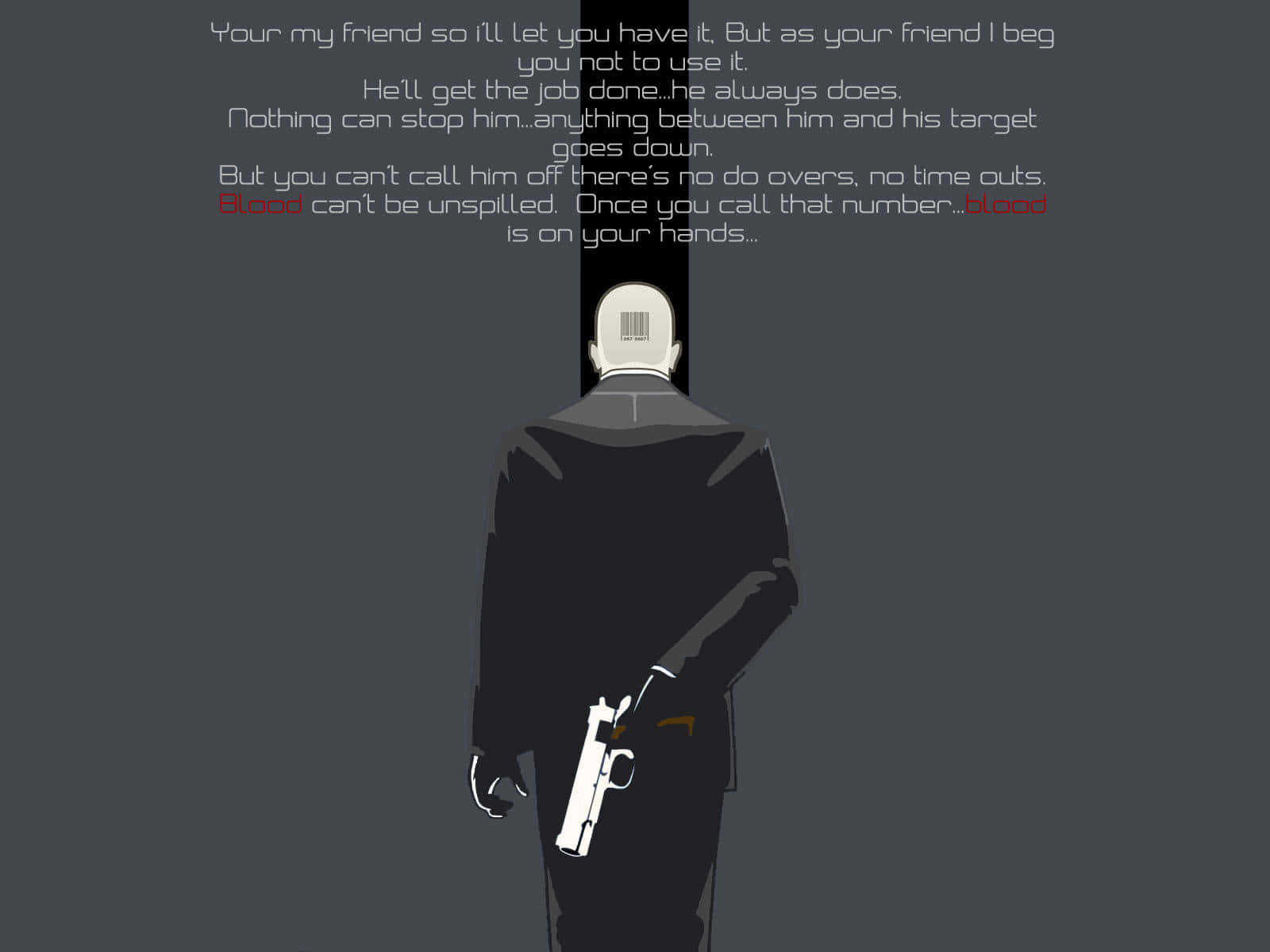Hitman 2 桌布 壁紙 — 一個極簡插圖，描繪一個光頭穿西裝的男人持槍，附帶關於無法阻止的殺手的陰險文字。