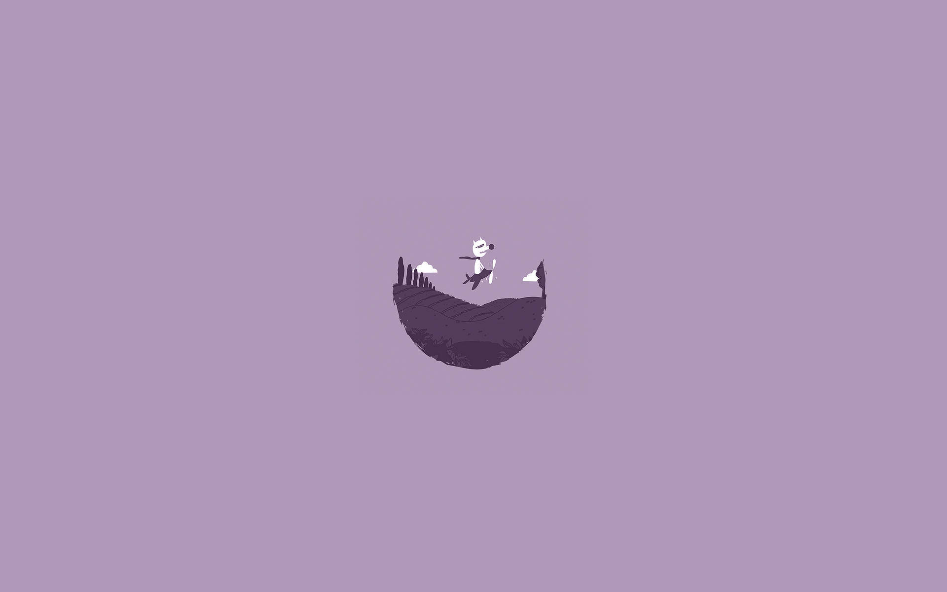 在極簡紫色插圖中，一個小人在彎曲的山丘上玩滑板。 — 極簡美學筆電 壁紙