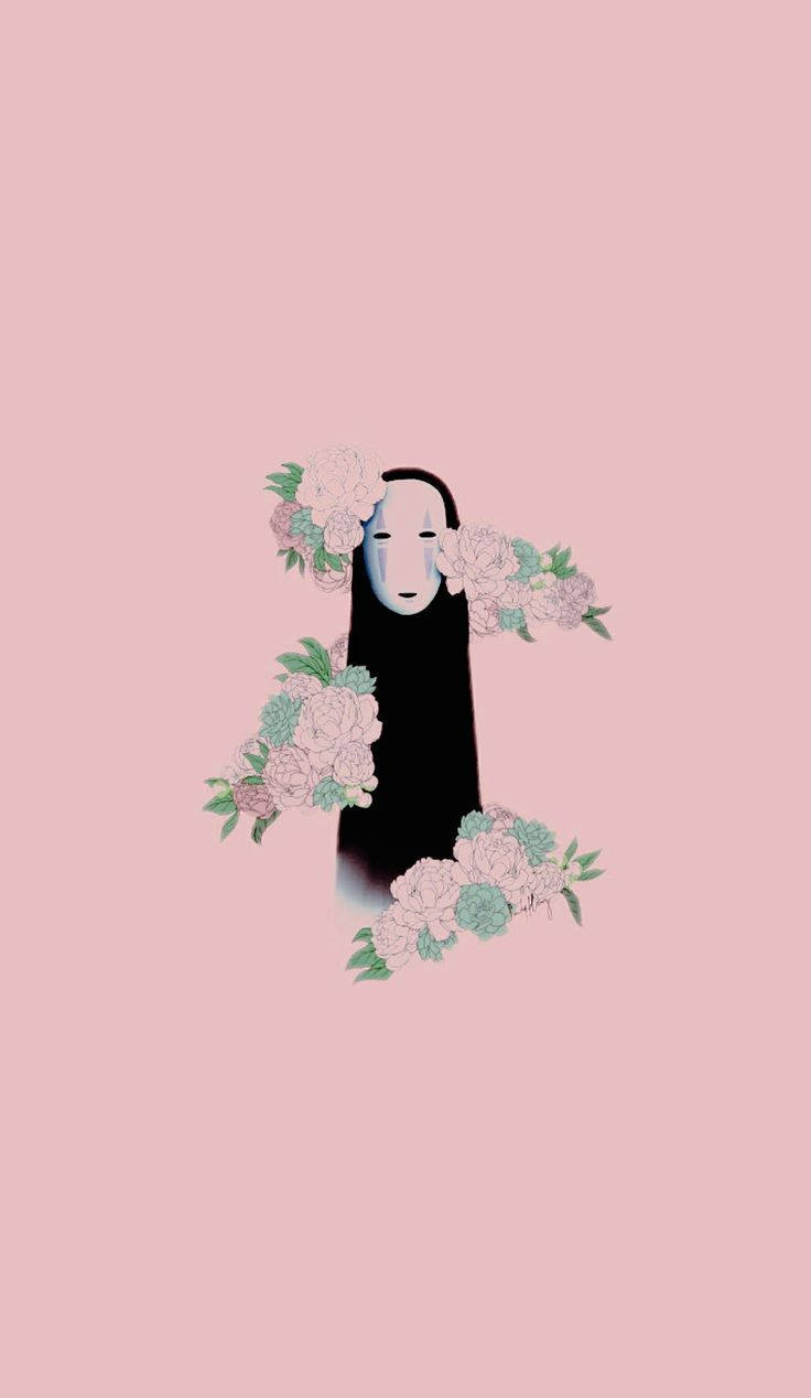 動漫 桌布 壁紙 — 一個極簡插圖，描繪一個無臉角色，點綴著柔和的粉紅色和藍綠色花朵，背景為粉彩粉紅色。