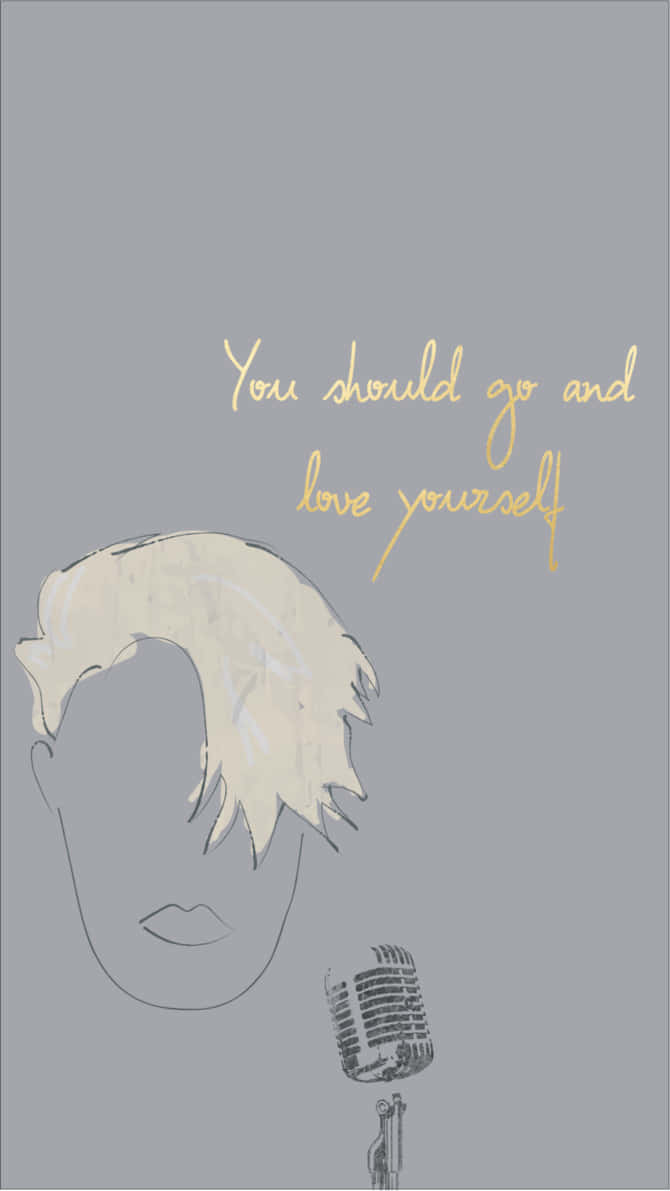 love yourself 桌布 壁紙 — 一個極簡插圖，描繪一個風格化的頭部，帶有尖刺頭髮和復古麥克風，背景為灰色，並有金色草書文字寫著「You should go and love yourself」。