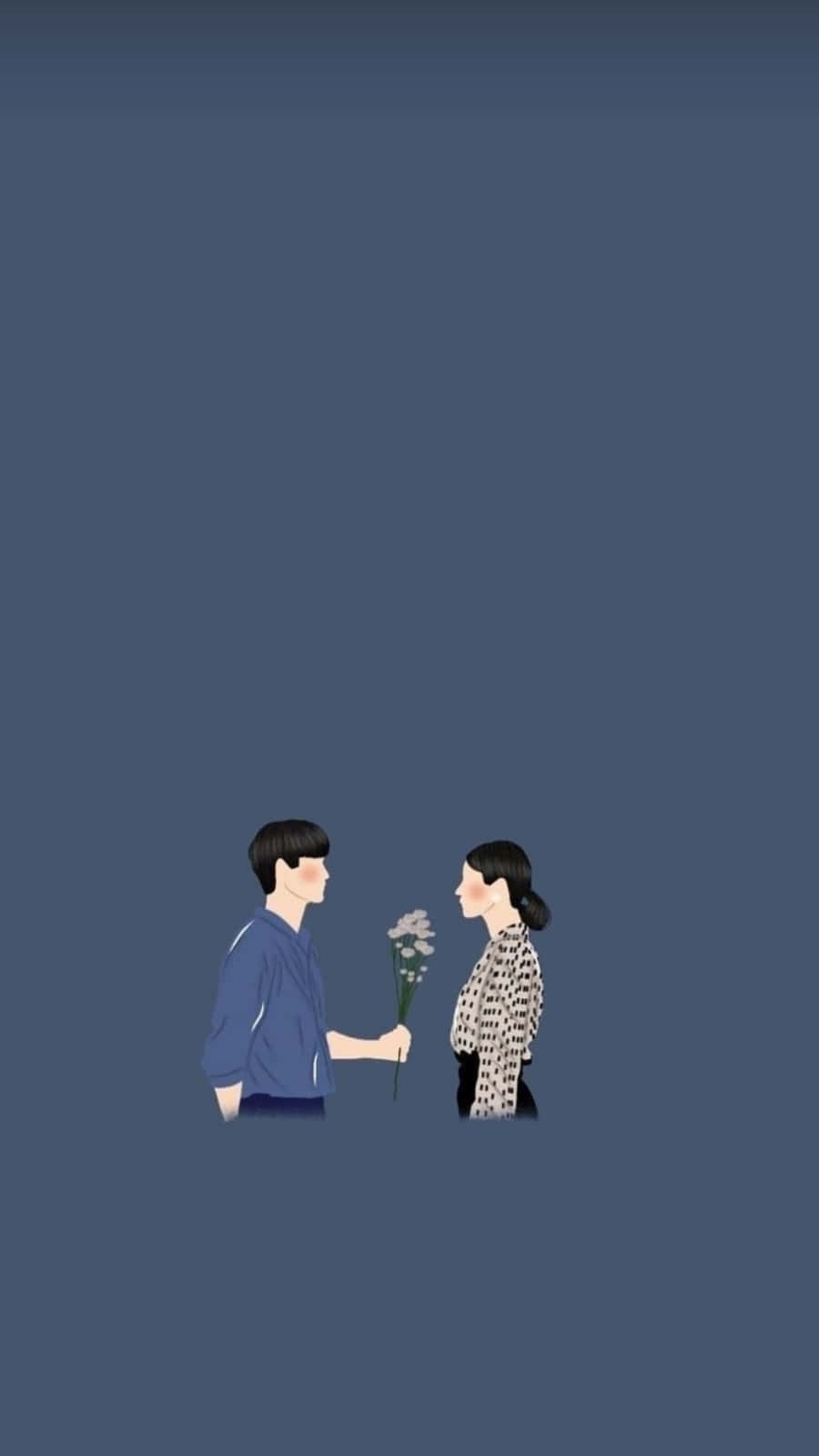 Couple Cartoon 桌布 壁紙 — 一個極簡插圖，描繪一名男子在純藍色背景前向一名女子獻花。