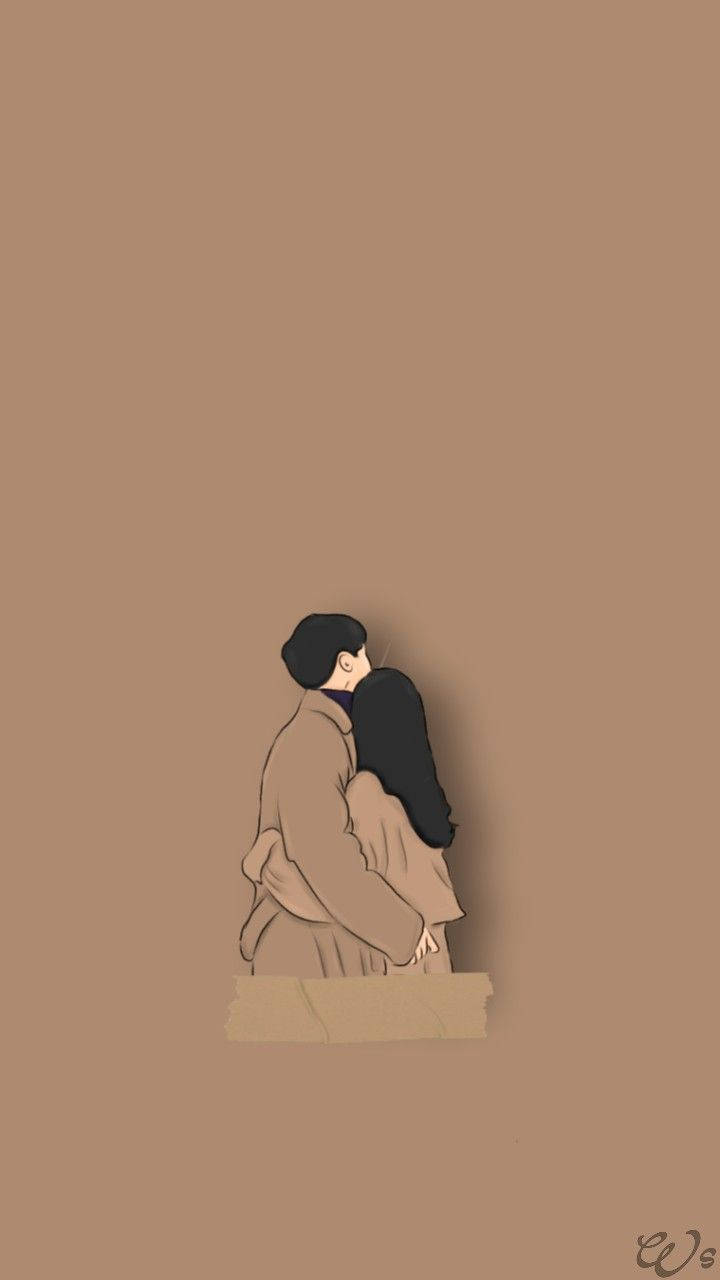 Cute Couples Cartoon 桌布 壁紙 — 一個極簡插圖，描繪一對情侶從背後擁抱，背景為純棕色。