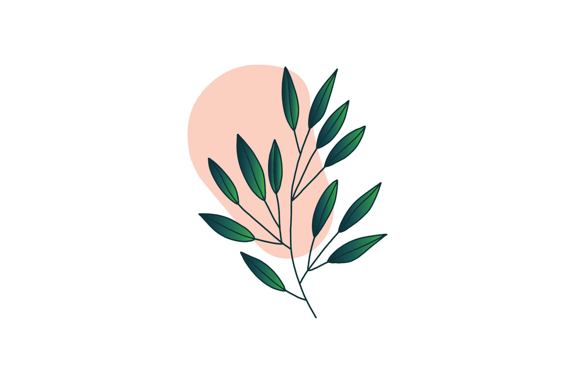 leafy 桌布 壁紙 — 一個極簡插圖，描繪一條綠色多葉的樹枝，帶有細莖，置於白色背景上柔和的桃色抽象形狀前。