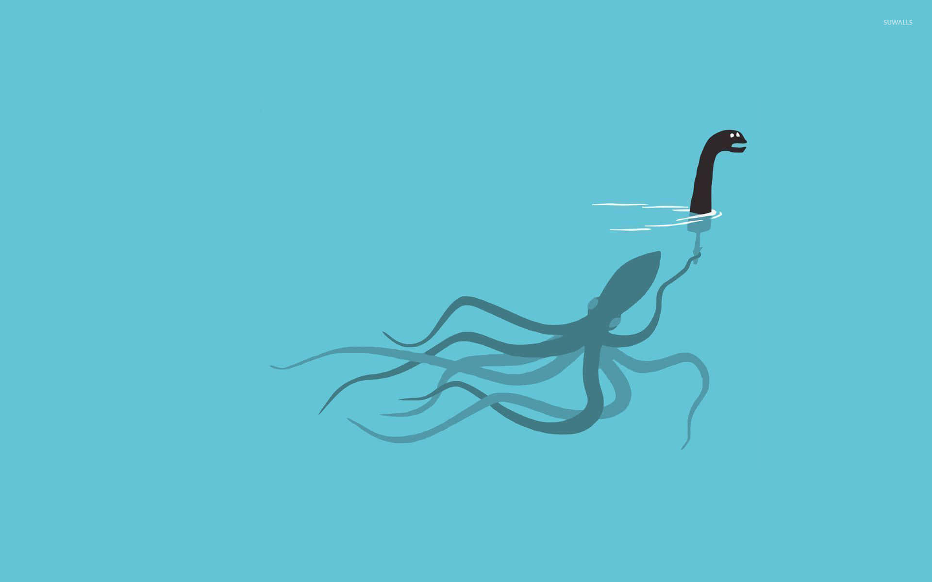 Giant Squid 桌布 壁紙 — 一個極簡插圖，描繪一隻帶有蛇頭的章魚從藍綠色水中浮現。