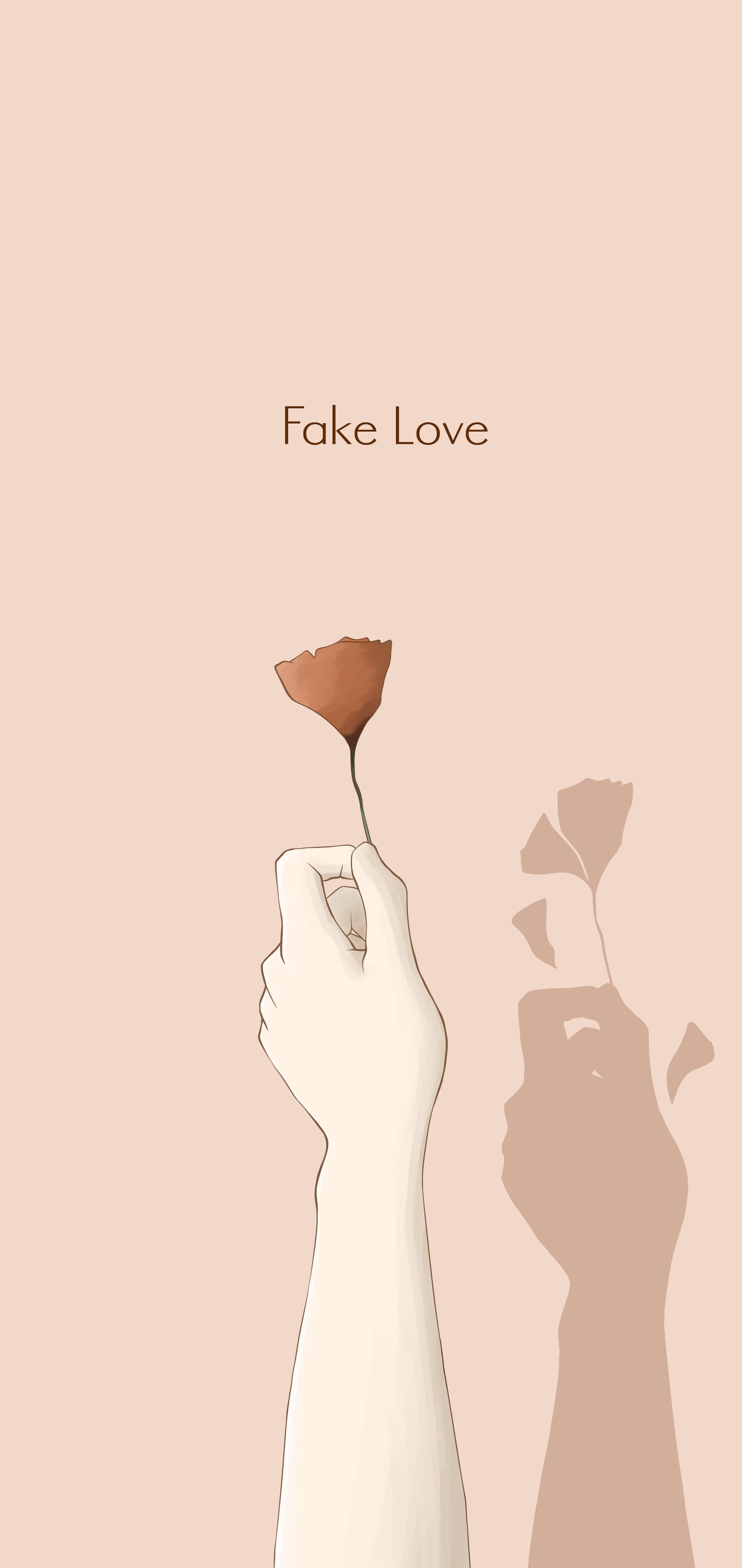 Love Drawings 桌布 壁紙 — 一個極簡插圖，描繪一隻手拿著一朵枯萎的花，背景是柔和的蜜桃色，還有一隻陰影手和文字「Fake Love」。