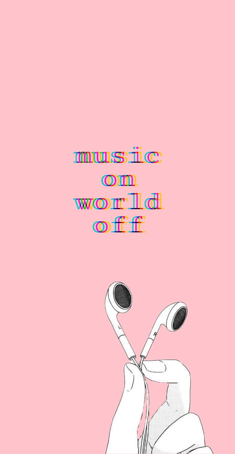 Aesthetic Music 桌布 壁紙 — 一個極簡插圖，描繪一隻手拿著白色耳機，背景是柔和的粉紅色，帶有故障風文字「music on world off」。