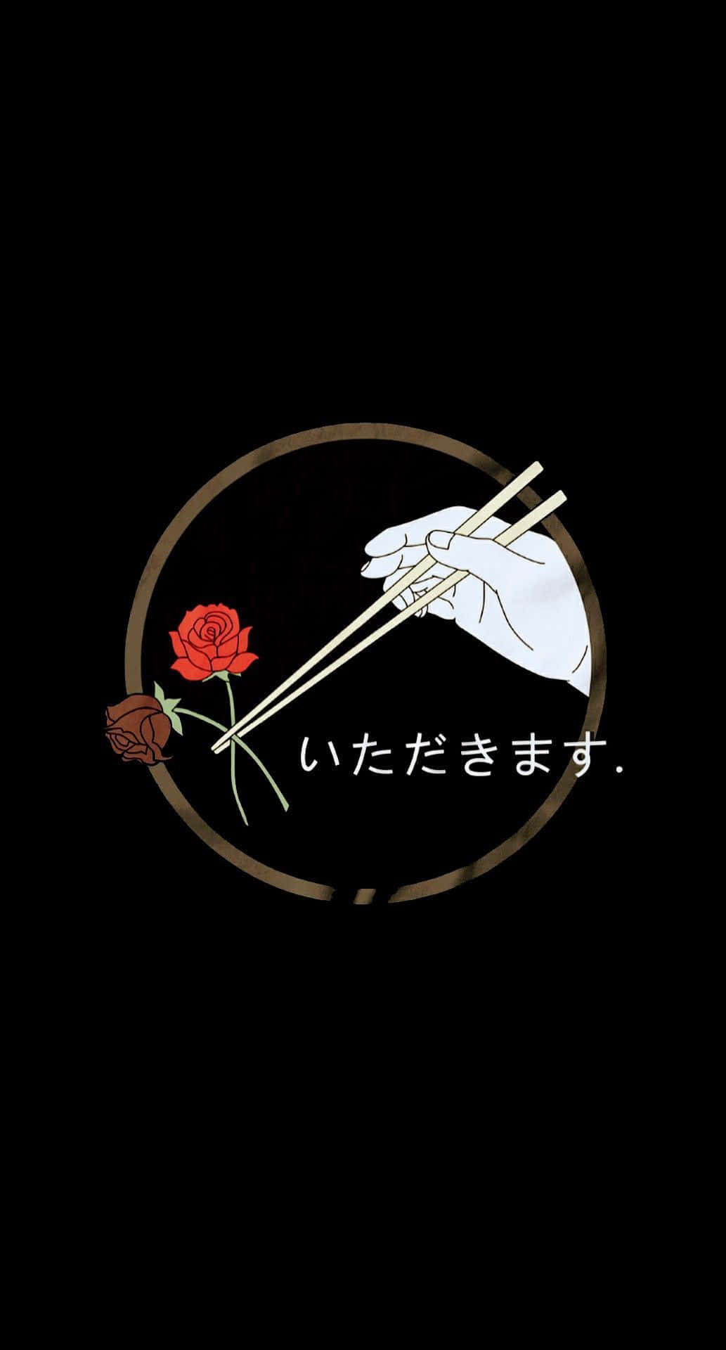 桌布 壁紙 — 一個極簡插圖，描繪一隻手拿著筷子放在兩朵玫瑰上方，帶有日文字，背景為黑色。