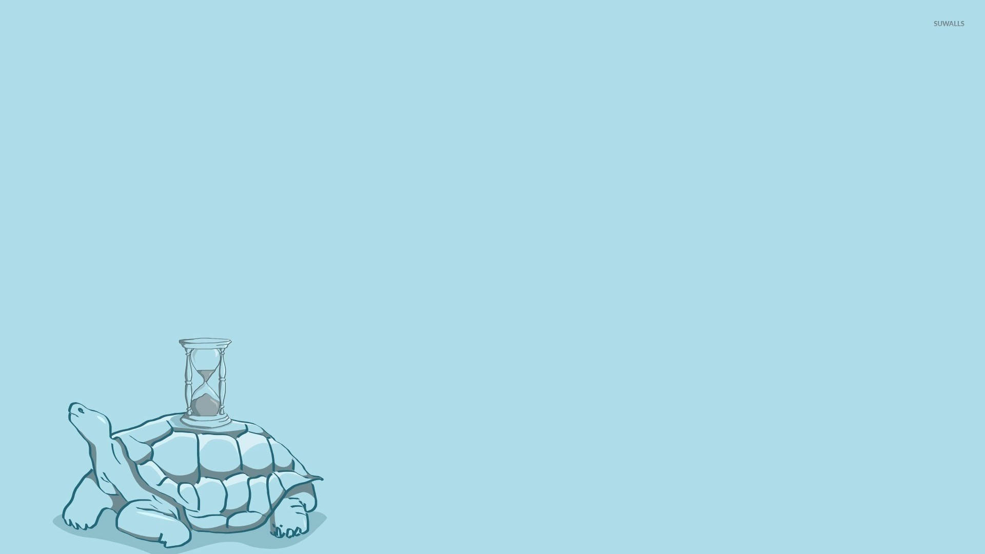 Cartoon Turtle 桌布 壁紙 — 一個極簡插圖，描繪一隻烏龜背著沙漏，背景為純淺藍色。