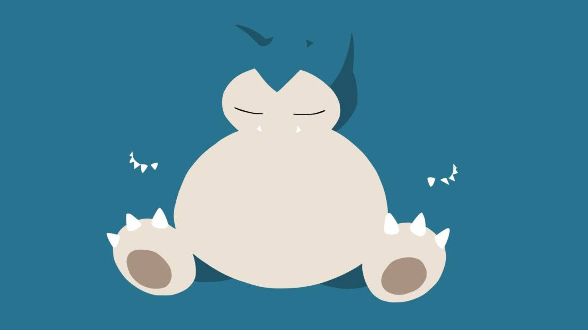卡比獸 桌布 壁紙 — 一個極簡插圖，描繪一隻閉著眼睛睡覺的 Snorlax，頭頂上有小鳥飛翔，背景為純青色。
