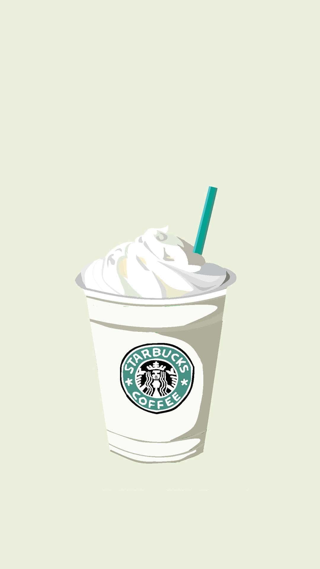 Aesthetic Starbucks 桌布 壁紙 — 一個極簡插圖，描繪了一杯星巴克冰咖啡，上面有鮮奶油和綠色吸管，背景是淡綠色。