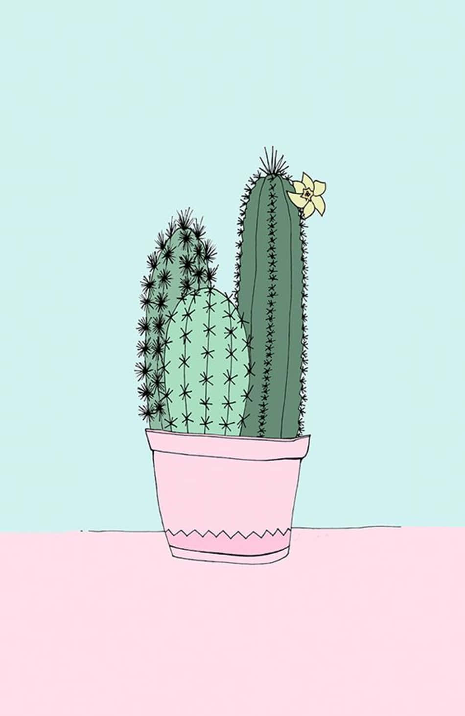 Cactus 桌布 壁紙 — 一個極簡插圖，描繪了兩棵綠色仙人掌在粉紅色花盆中，帶有一朵黃色花朵，背景為粉藍色。