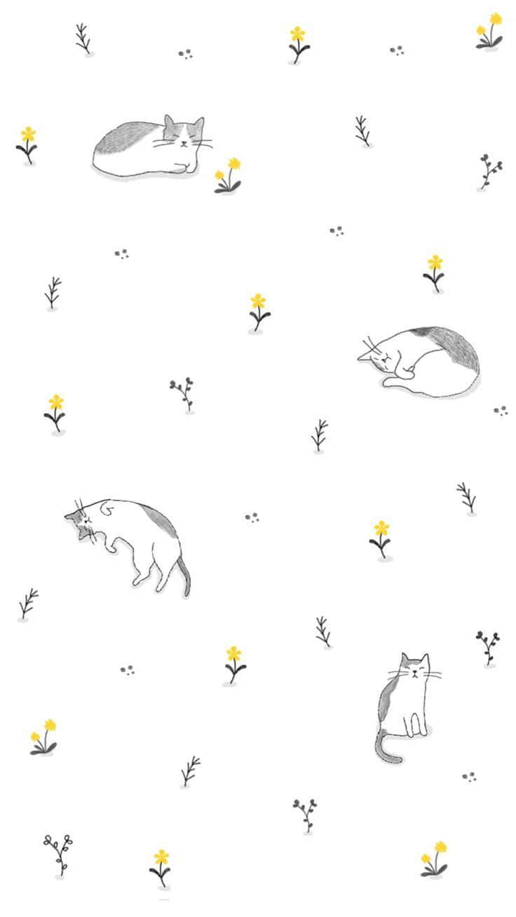 Cute Cat Pattern 桌布 壁紙 — 一個極簡插圖，描繪了睡著和坐著的貓咪散落在白色背景上的小黃花之間。
