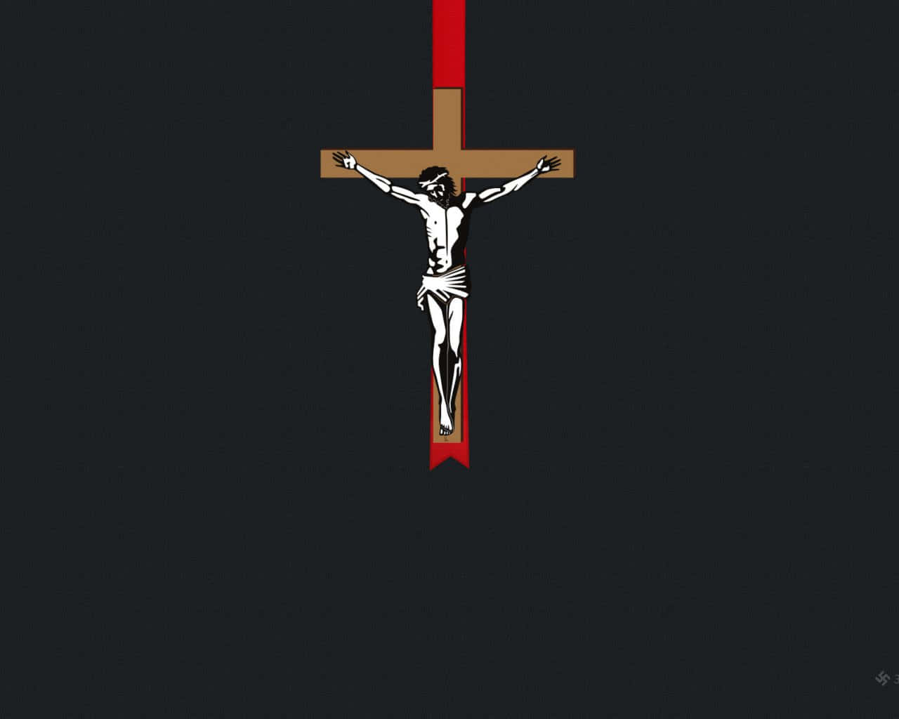 Cute Cross 桌布 壁紙 — 一個極簡插圖，描繪耶穌被釘在木製十字架上，帶有紅色絲帶點綴，背景為深色。