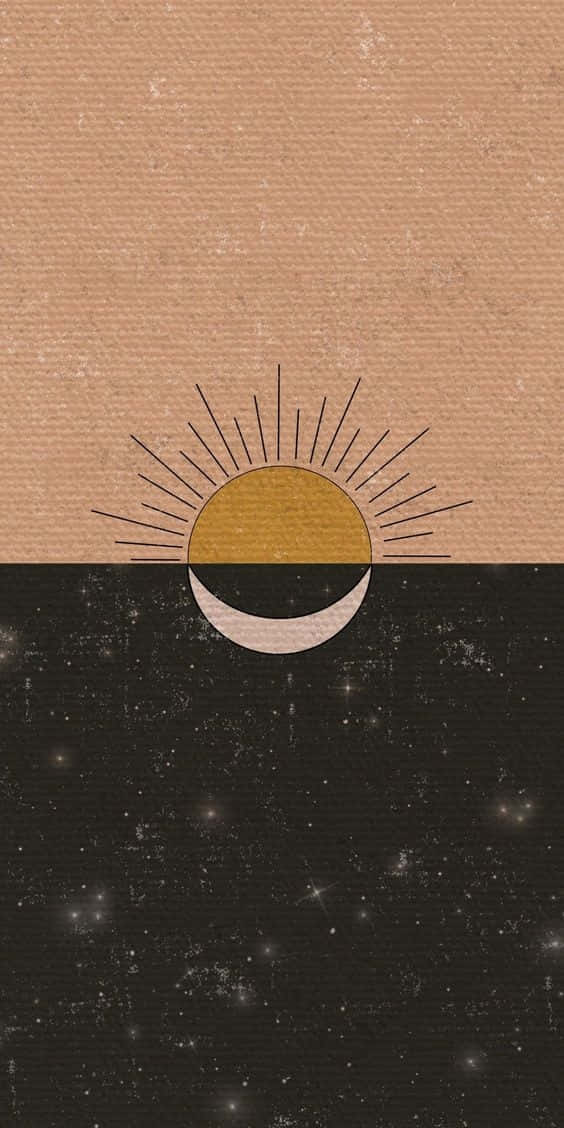Sun And Moon Aesthetic 桌布 壁紙 — 一個極簡插圖，描繪金色太陽和新月將有紋理的米色天空與星光閃爍的黑色夜晚分隔開來。