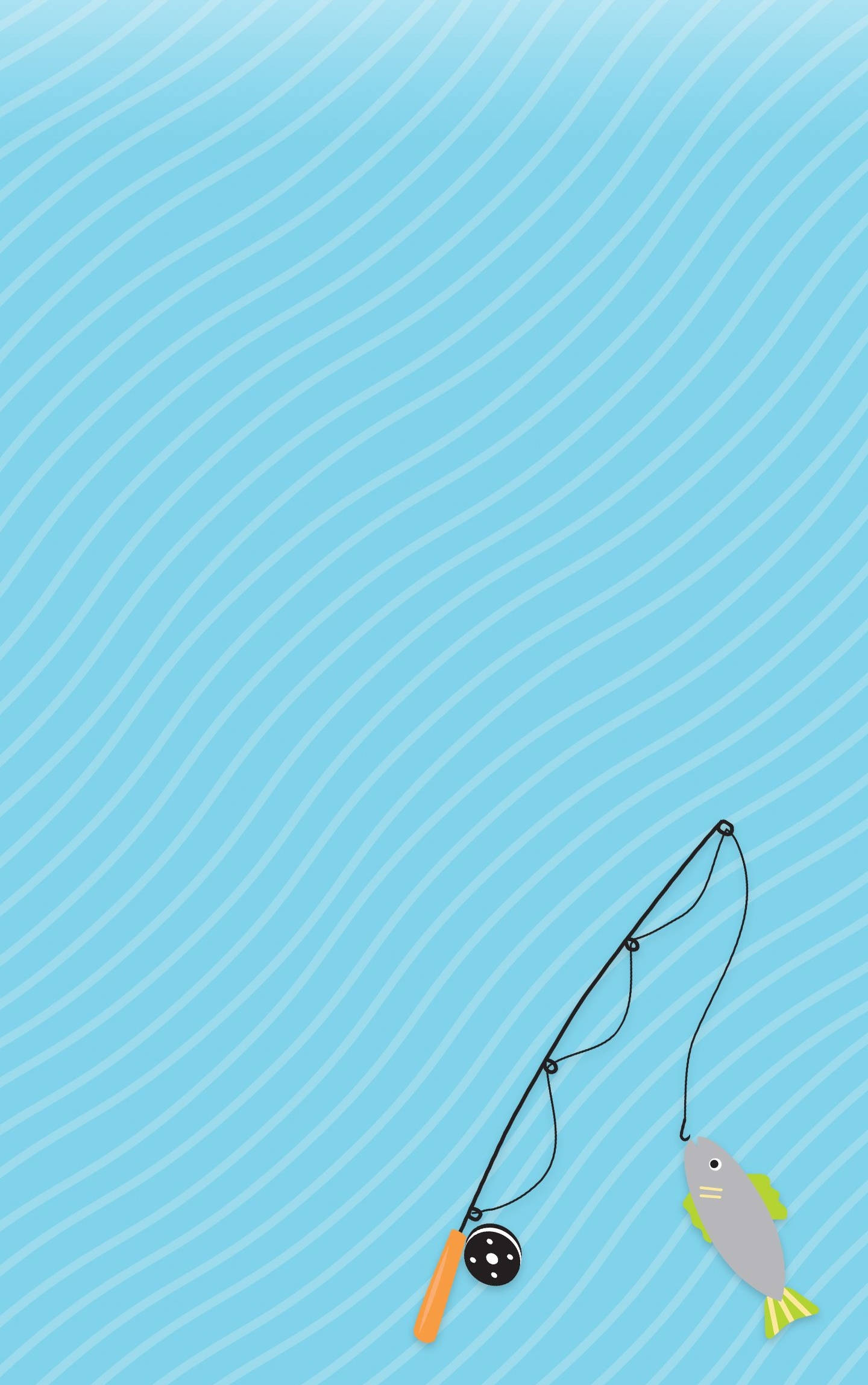 Summer Phone 桌布 壁紙 — 一個極簡插圖，描繪釣魚竿和一條釣到的魚，背景是淺藍色波浪紋。