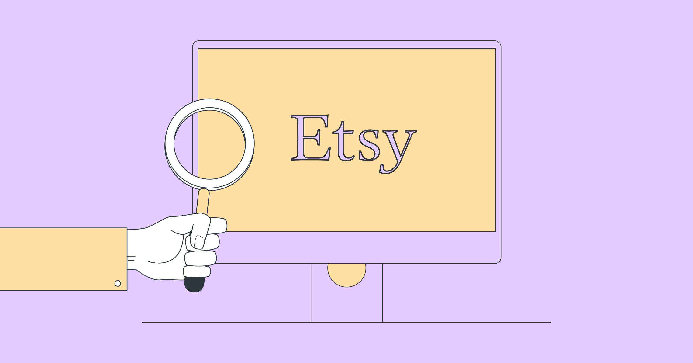 etsy 桌布 壁紙 — 一個極簡插圖，顯示一隻手拿著放大鏡，放在顯示Etsy標誌的電腦顯示器上方，背景為柔和的紫色。