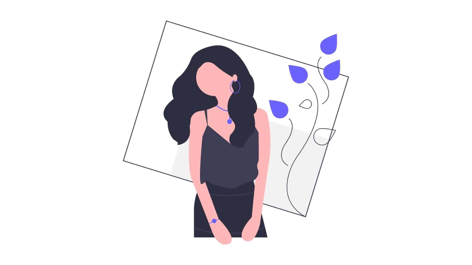 Cute TikTok Profile 桌布 壁紙 — 一個極簡插畫，描繪一位深色頭髮、佩戴紫色配飾的女性，站在一個帶有抽象藍色葉子的傾斜畫框旁。