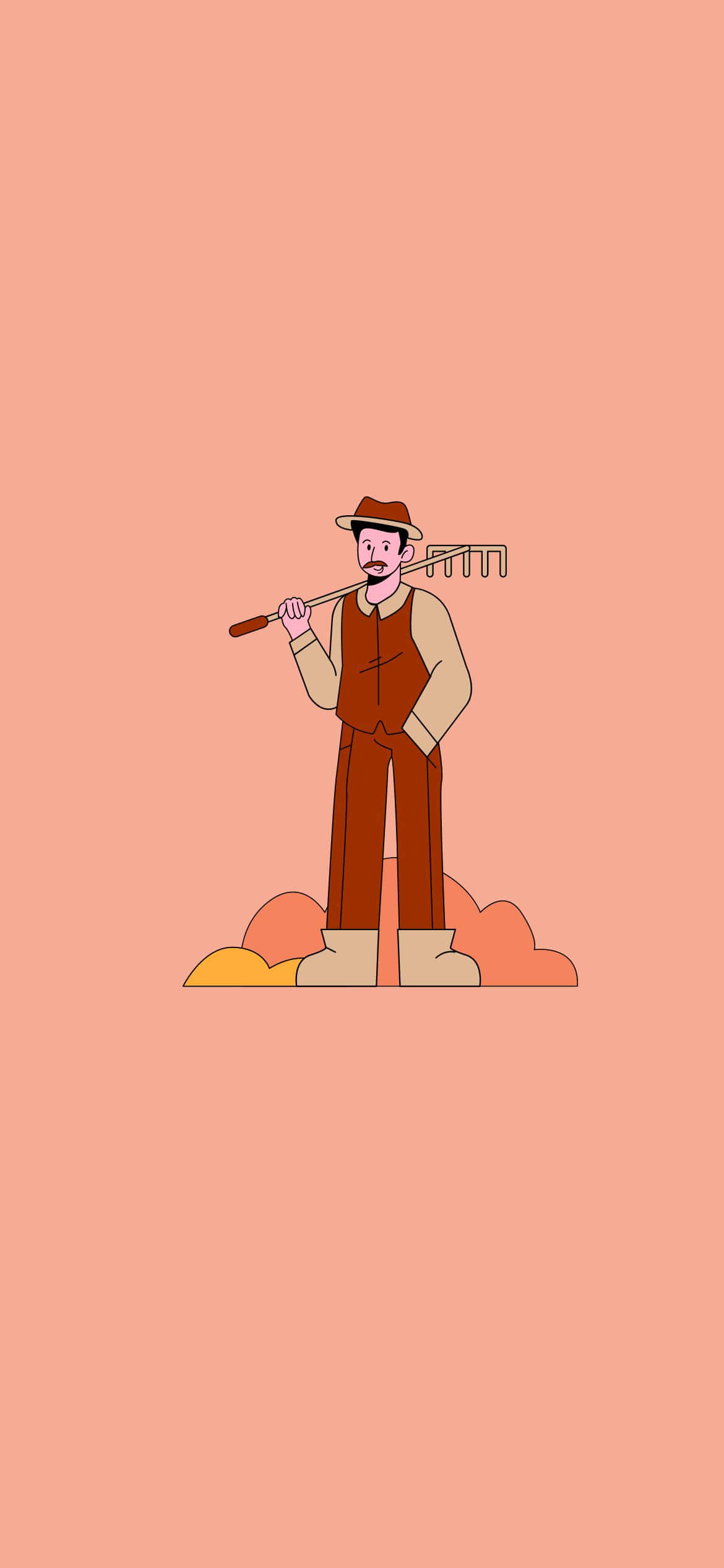 Best Fall 桌布 壁紙 — 一個極簡插畫，描繪一位穿著工裝褲的農夫，在純蜜桃色背景前拿著耙子。