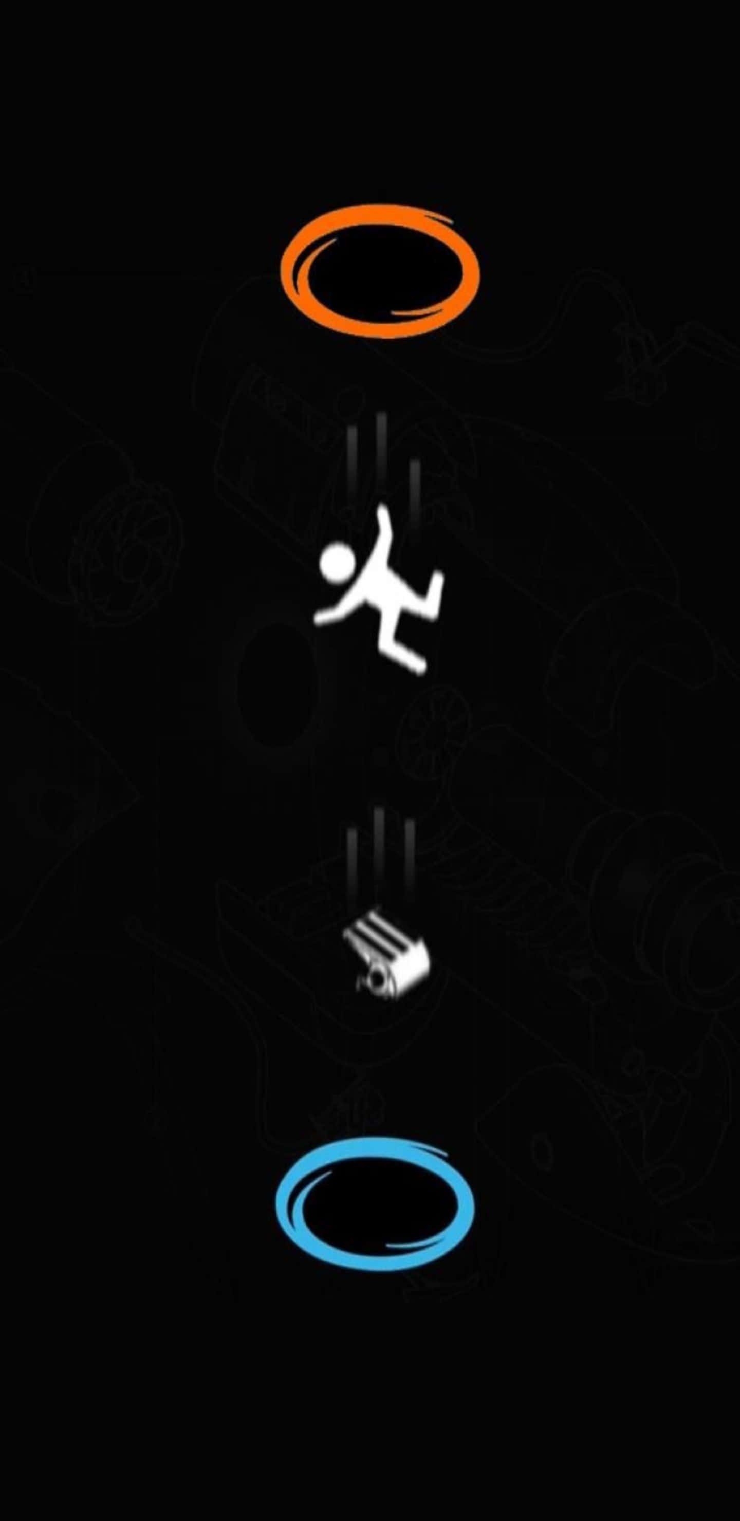 電玩遊戲 桌布 壁紙 — 一個極簡數位插圖，描繪一個墜落的人物在發光的橙色和藍色圓環之間，背景為深色。