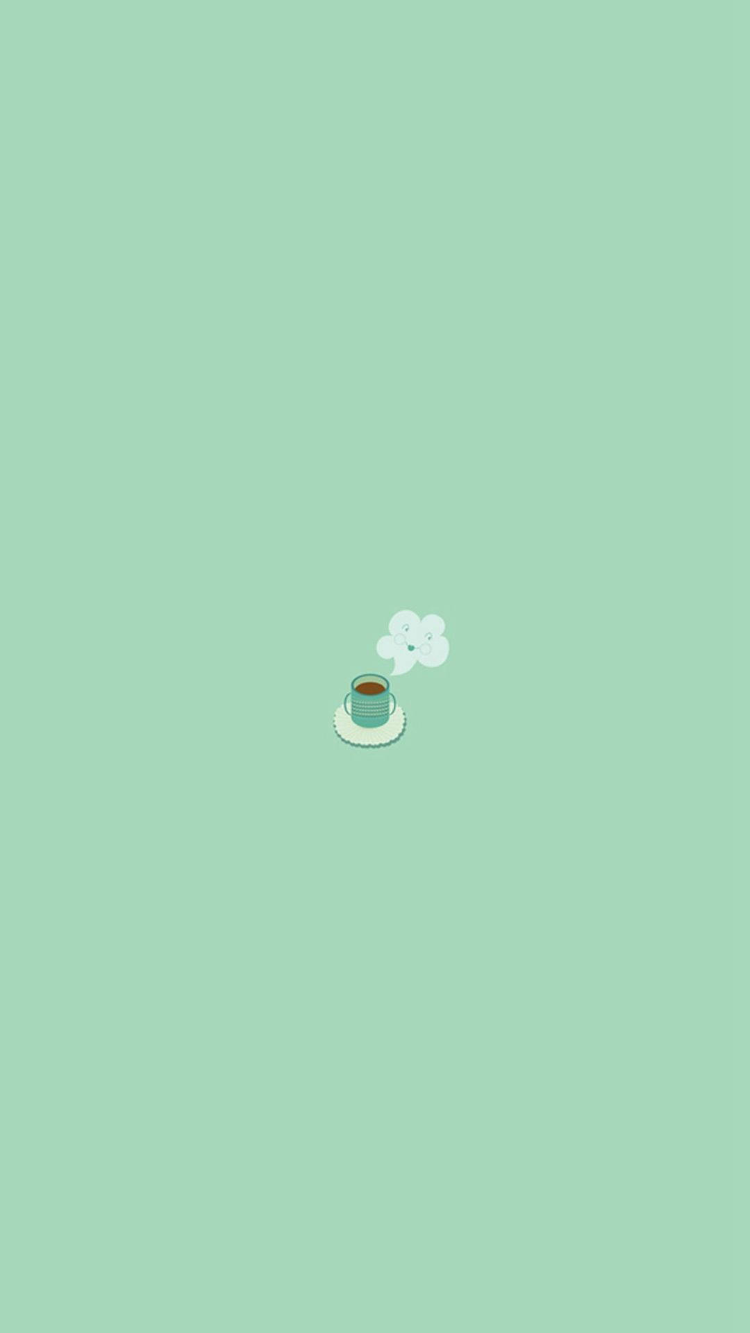 一個微笑的咖啡杯，帶有蒸氣，綠色背景。 — 綠色美學 GIF 壁紙