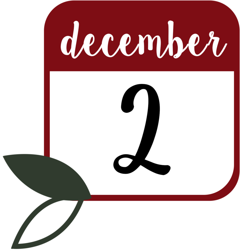 十二月 桌布 壁紙 — 一個極簡日曆圖示，顯示12月2日，並在黑色背景上帶有深綠色葉子點綴。