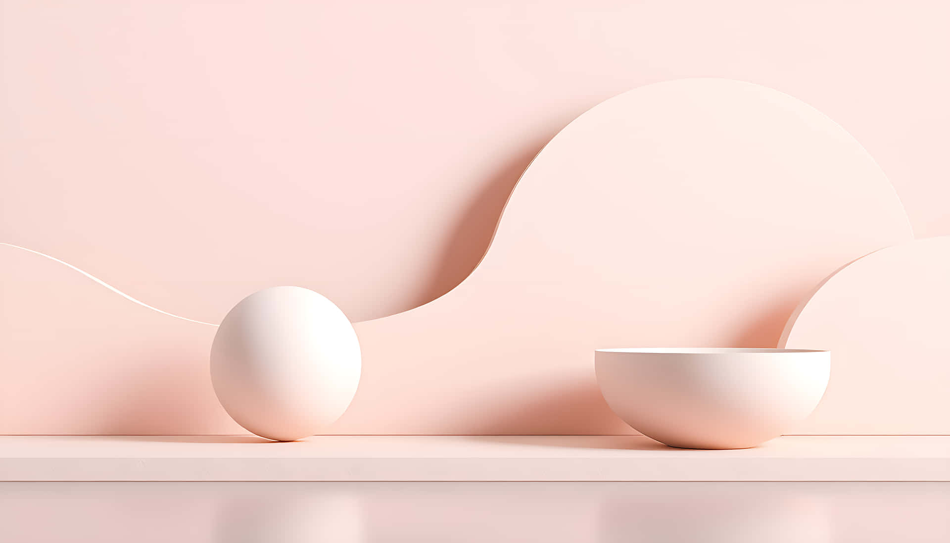 Balanced Minimal Design with Soft Shapes 壁紙 — 一個極簡構圖，在柔和的弧形背景前，淺粉色架子上有一個白色球體和碗。