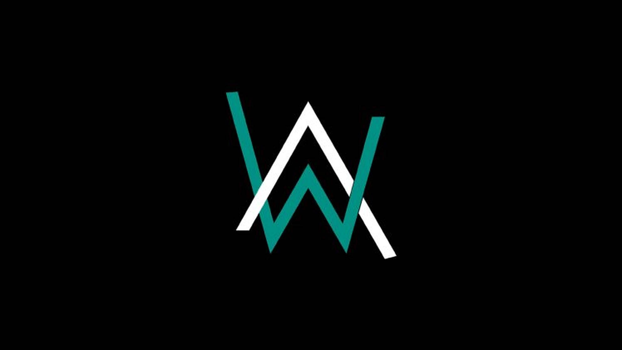 艾倫·沃克 桌布 壁紙 — 一個極簡標誌，以白色和藍綠色交錯的W形狀居中於純黑色背景上。