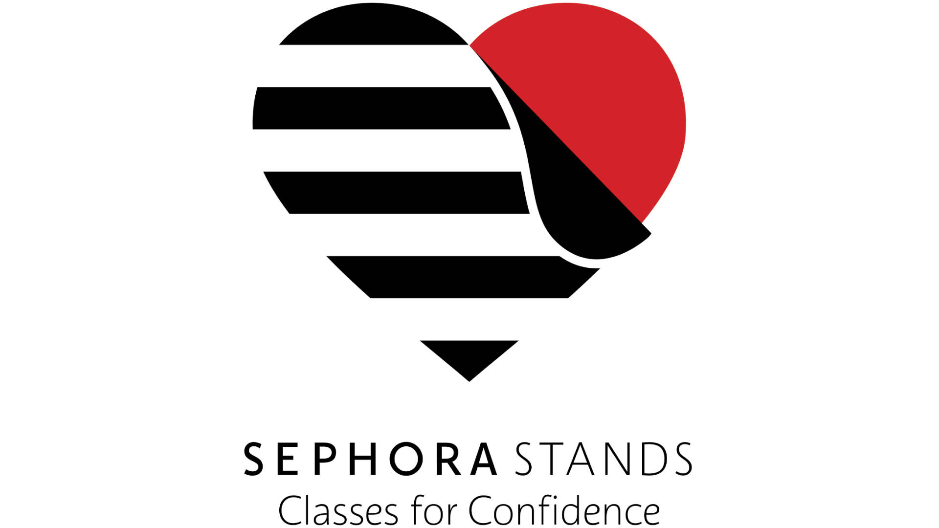 Sephora 桌布 壁紙 — 一個極簡標誌，心形被黑色條紋和紅色半邊分割，下方文字為「SEPHORA STANDS Classes for Confidence」。