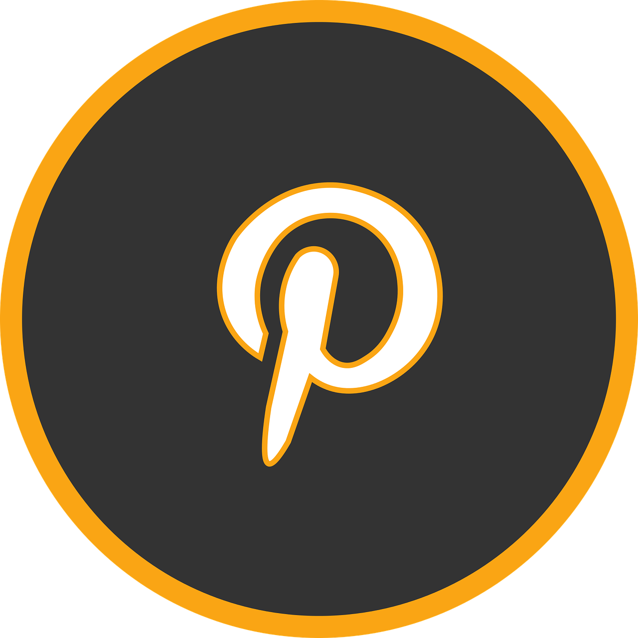 Pinterest 桌布 壁紙 — 一個極簡標誌，白色字母P帶橙色輪廓，居中在帶橙色邊框的深灰色圓形內。
