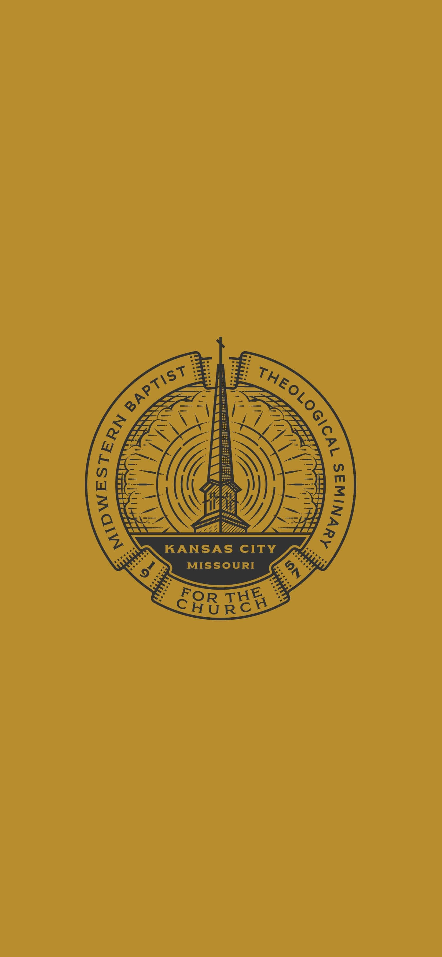 Theology 桌布 壁紙 — 一個極簡深金色的Midwestern Baptist Theological Seminary標誌徽章，置中在純芥末黃色背景上。
