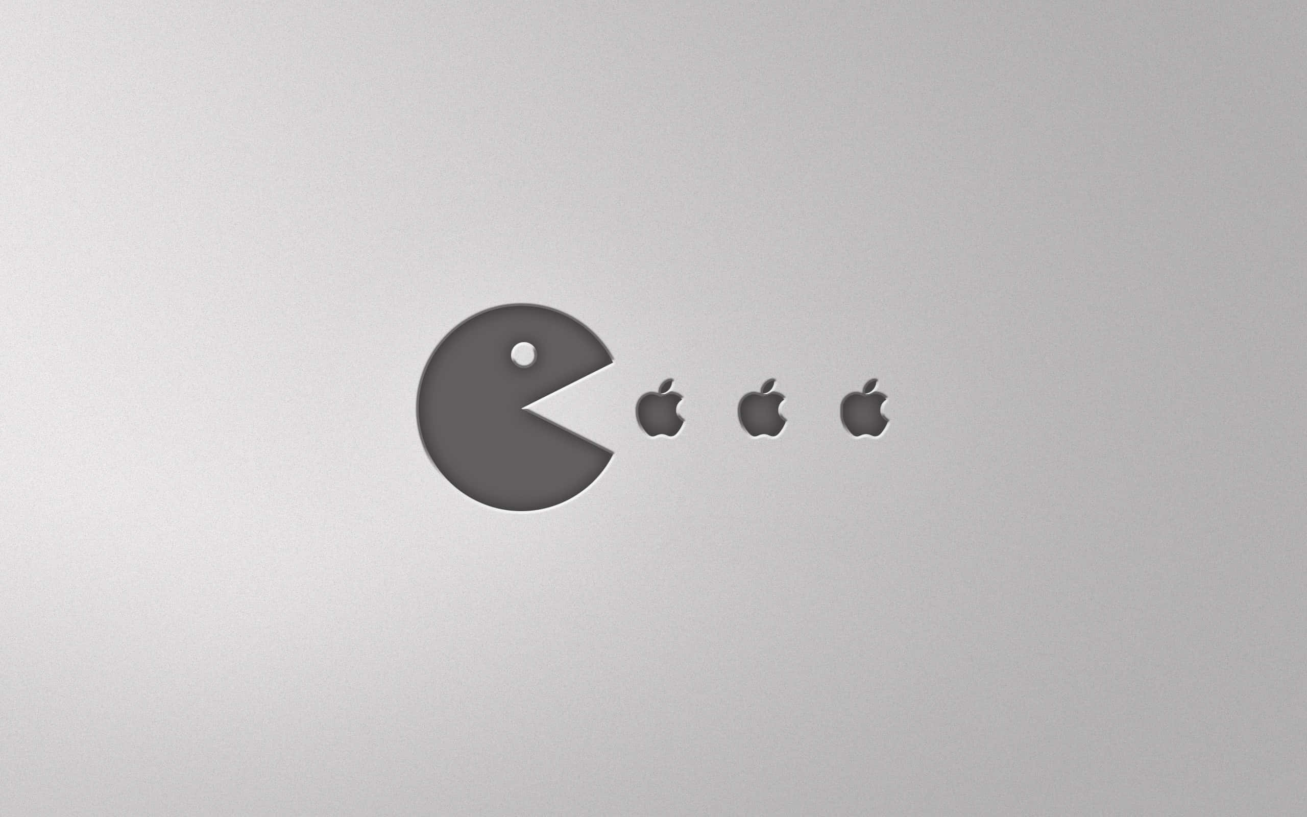 桌布 壁紙 — 一個極簡灰色 Pac-Man 角色在純銀色背景上咀嚼三個 Apple 標誌。