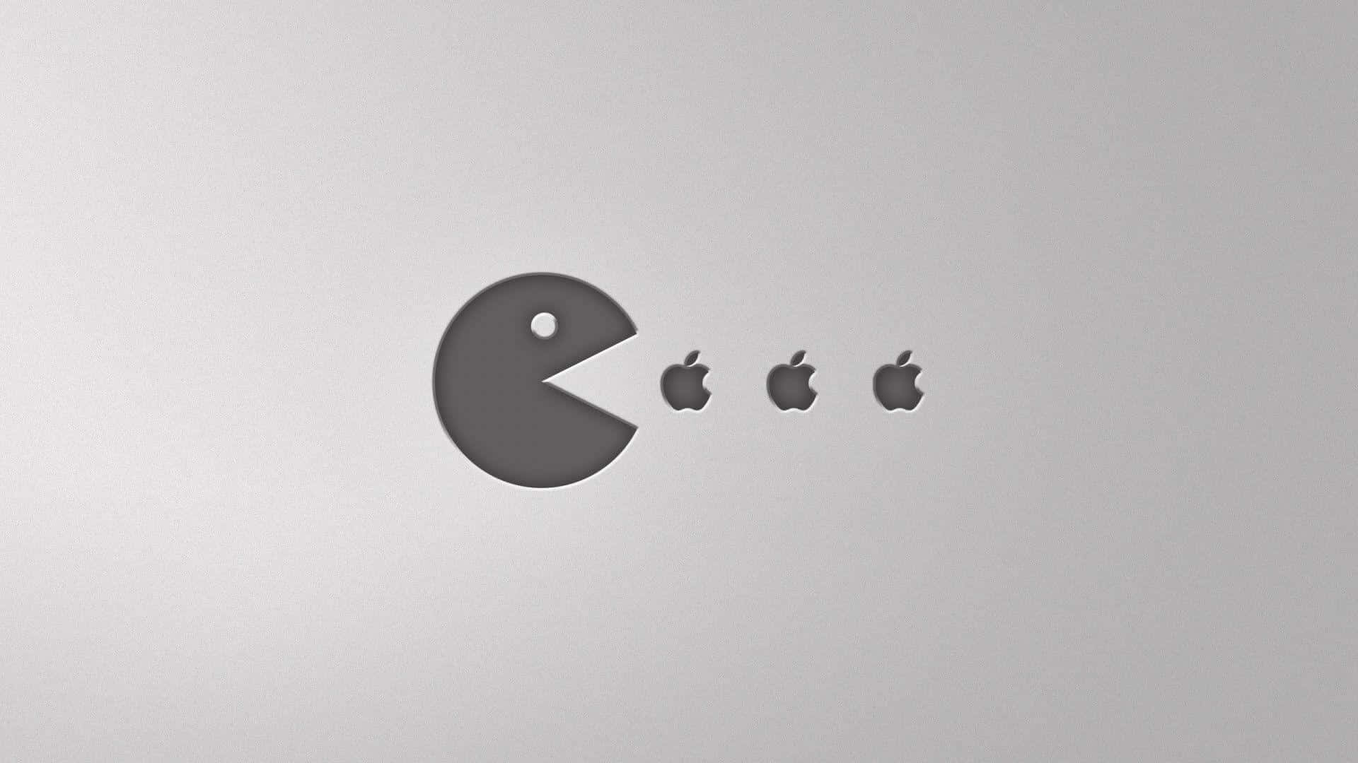 蘋果 桌布 壁紙 — 一個極簡灰色 Pac-Man 角色在純銀色背景上咀嚼三個 Apple 標誌。