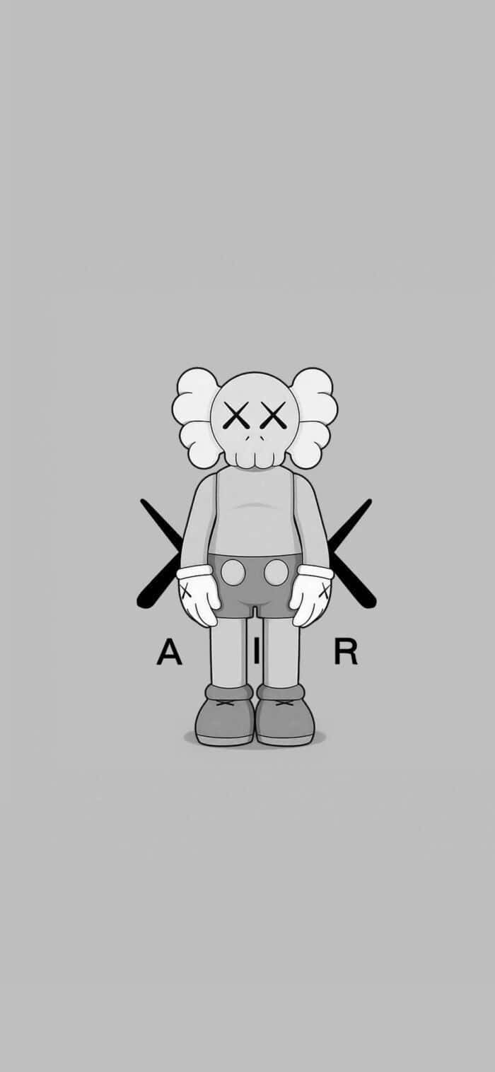 kaws 4K 桌布 壁紙 — 一個極簡灰色KAWS角色居中站立在純灰色背景上，帶有交叉的黑色骨頭和下方的字母A I R。