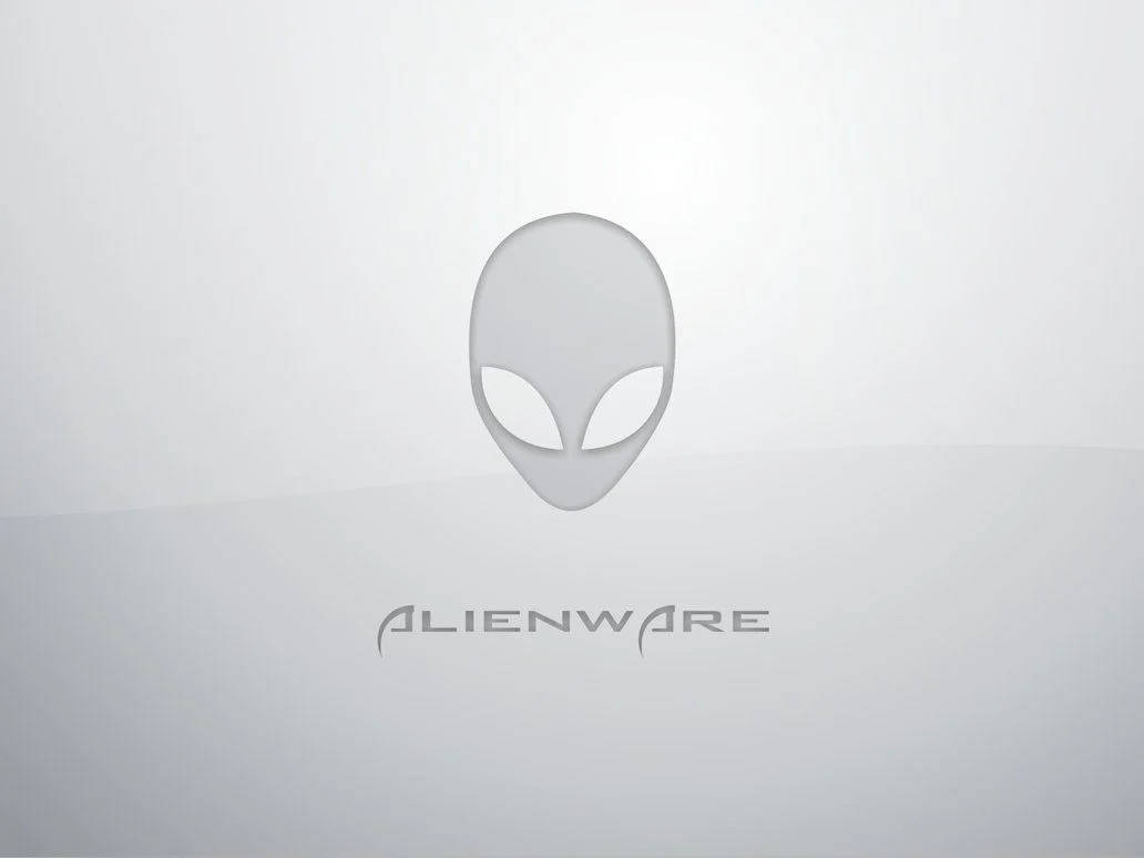 white alienware 桌布 壁紙 — 一個極簡灰色外星人頭標誌，中央帶有 'ALIENWARE' 文字，置於柔和漸變背景上。