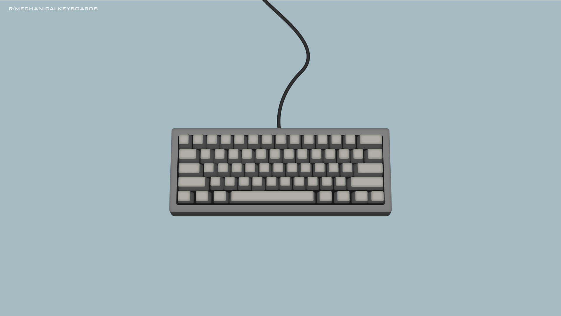 Cute Keyboard 桌布 壁紙 — 一個極簡灰色機械鍵盤，帶有白色按鍵和黑色線纜，漂浮在柔和的藍色背景上。