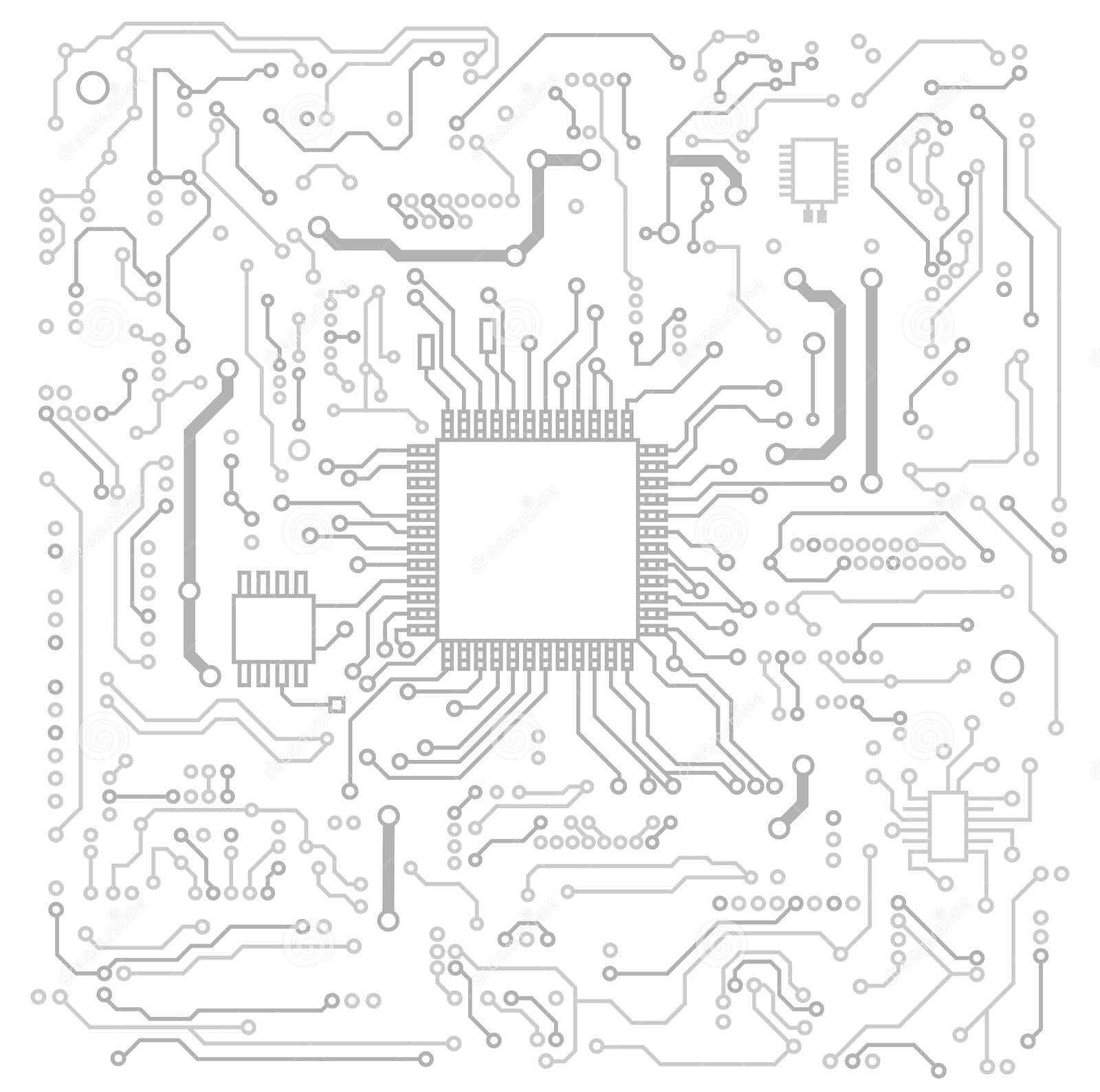 Circuit 桌布 壁紙 — 一個極簡灰色電路板，帶有複雜的線路和中央微型晶片，置於純白背景上。