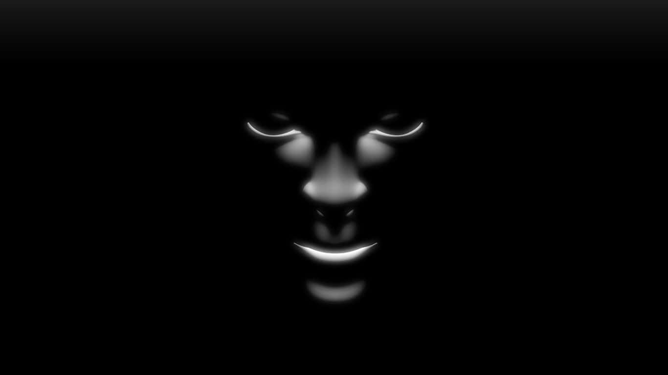 Mysterious 桌布 壁紙 — 一個極簡發光的臉孔，眼睛、鼻子和嘴巴以白色勾勒在純黑色背景上。