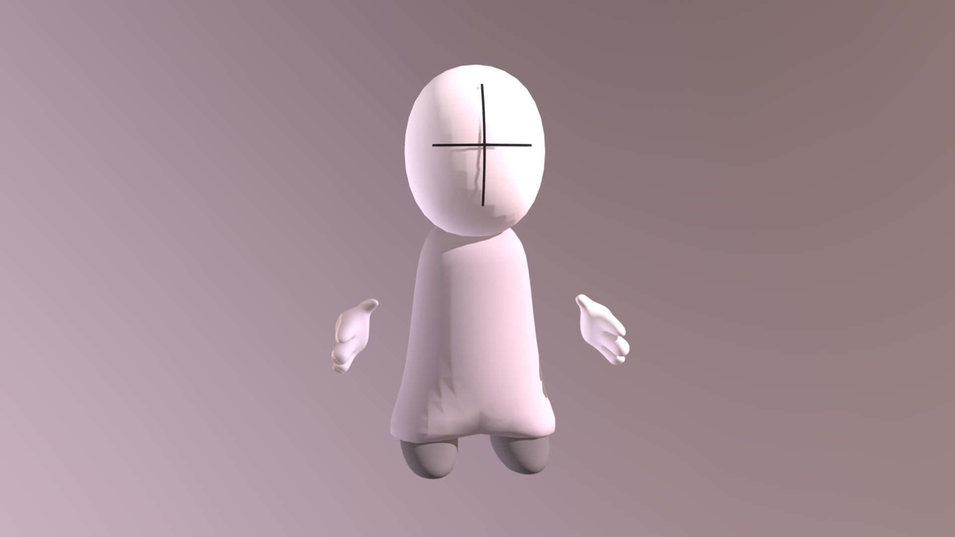 Characters 桌布 壁紙 — 一個極簡白色3D渲染人形公仔，臉上有一個十字架，漂浮在柔和的淡紫色漸變背景上。